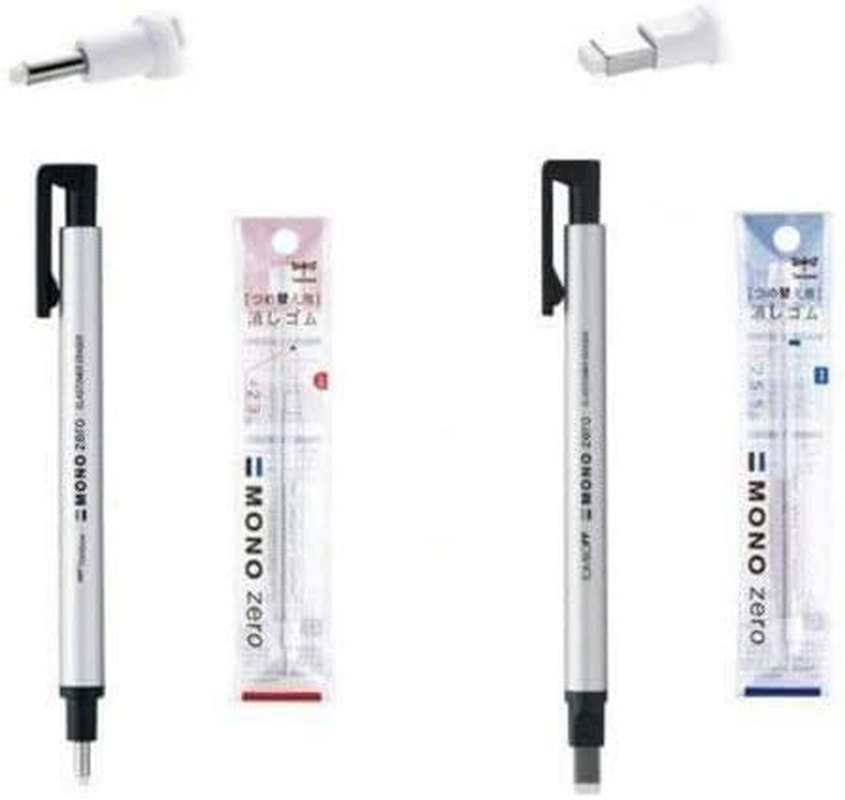Tombow MONO Zero Pen-Style Eraser Refill round Tip + Square Tip + 4 Refills (Silver Barrel)