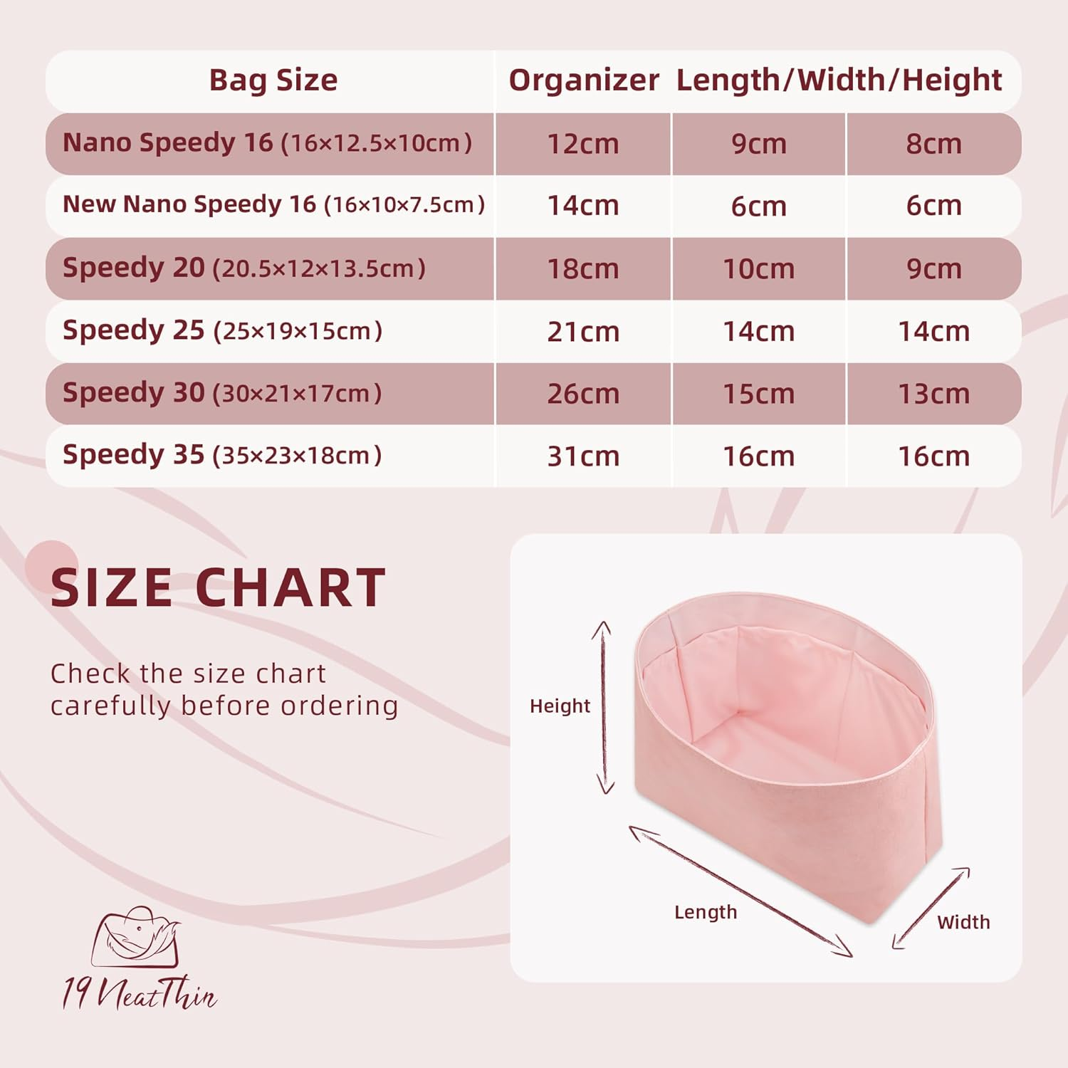 19 Neatthin Tote Bag Organiser, Waterproof Dupontpaper Surface and Silky Satin Lining, Lightweight Purse Insert Compatible with LV Speedy 20 (Speedy 20, Pink) image number 6