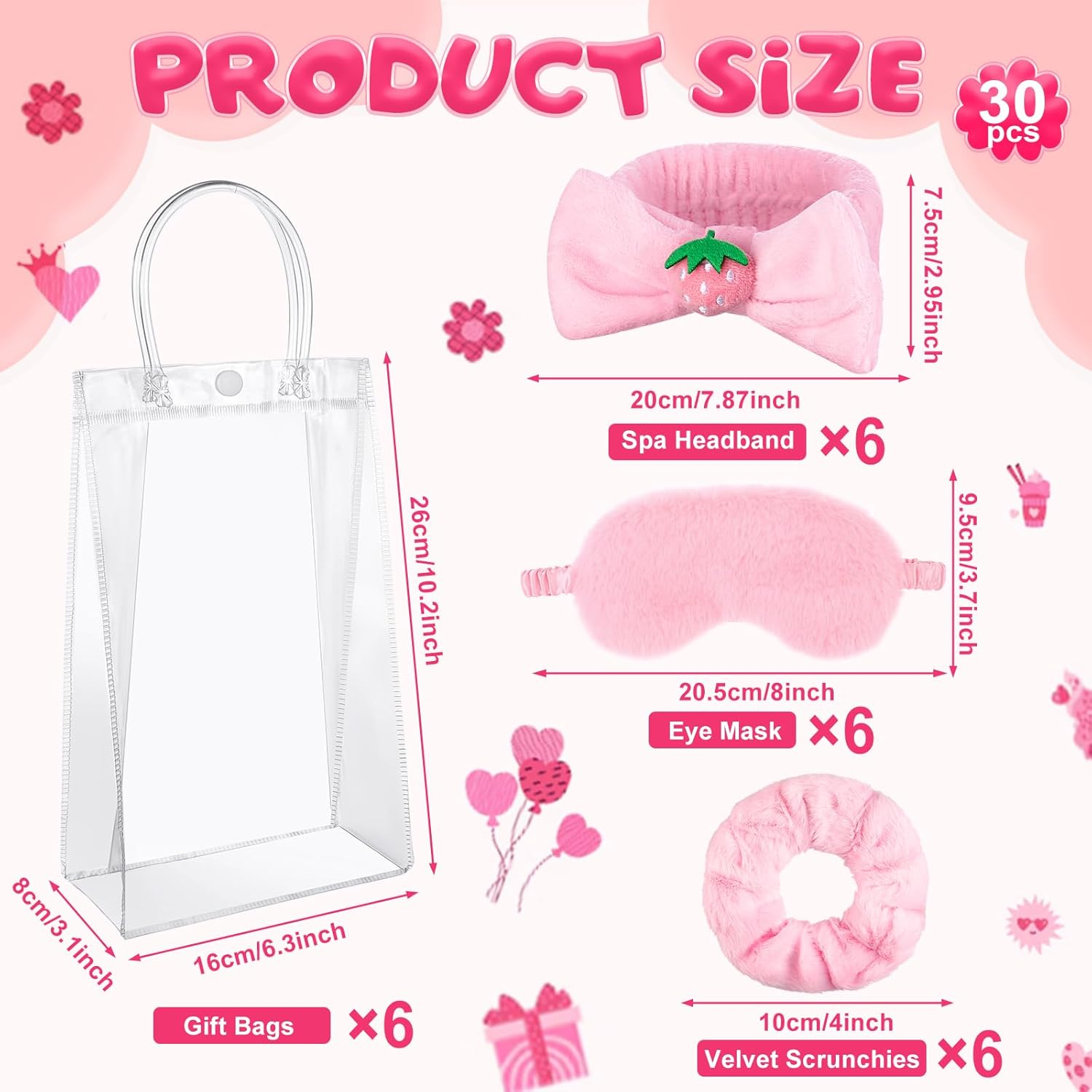 30 Piece Party Set Pajamas Girls Gift 6 Cute Hair Bobbles for Women 6 Spa Plush Sleep Masks Pink 6 Reusable Sequin Cups 6 Makeup Headbands 6 image number 4