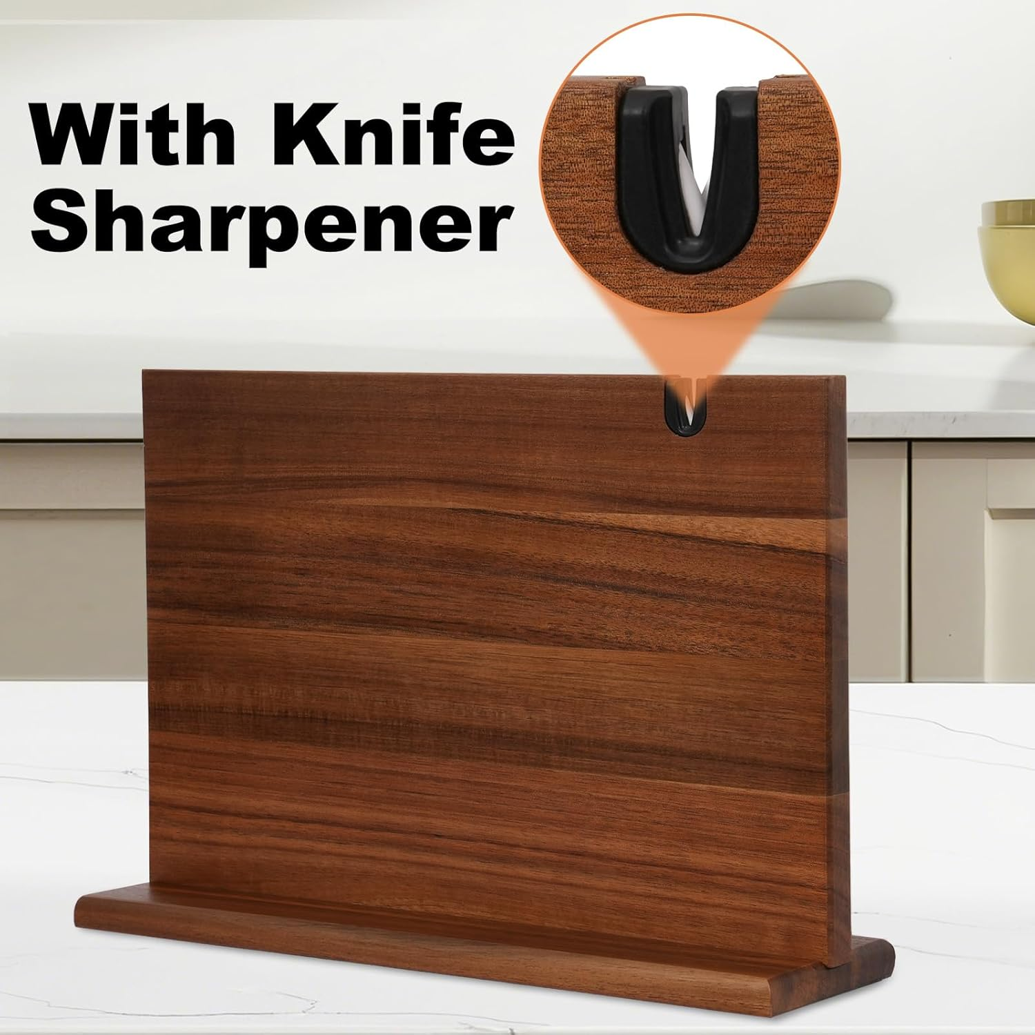 Magnetic Knife Block with Knife Sharpener, Double Sided Magnetic Knife Holder Kitchen Counter, Acacia Wood Magnetic Knife Storage Stand, Universal Knife Display Rack Multifunctional Storage image number 5