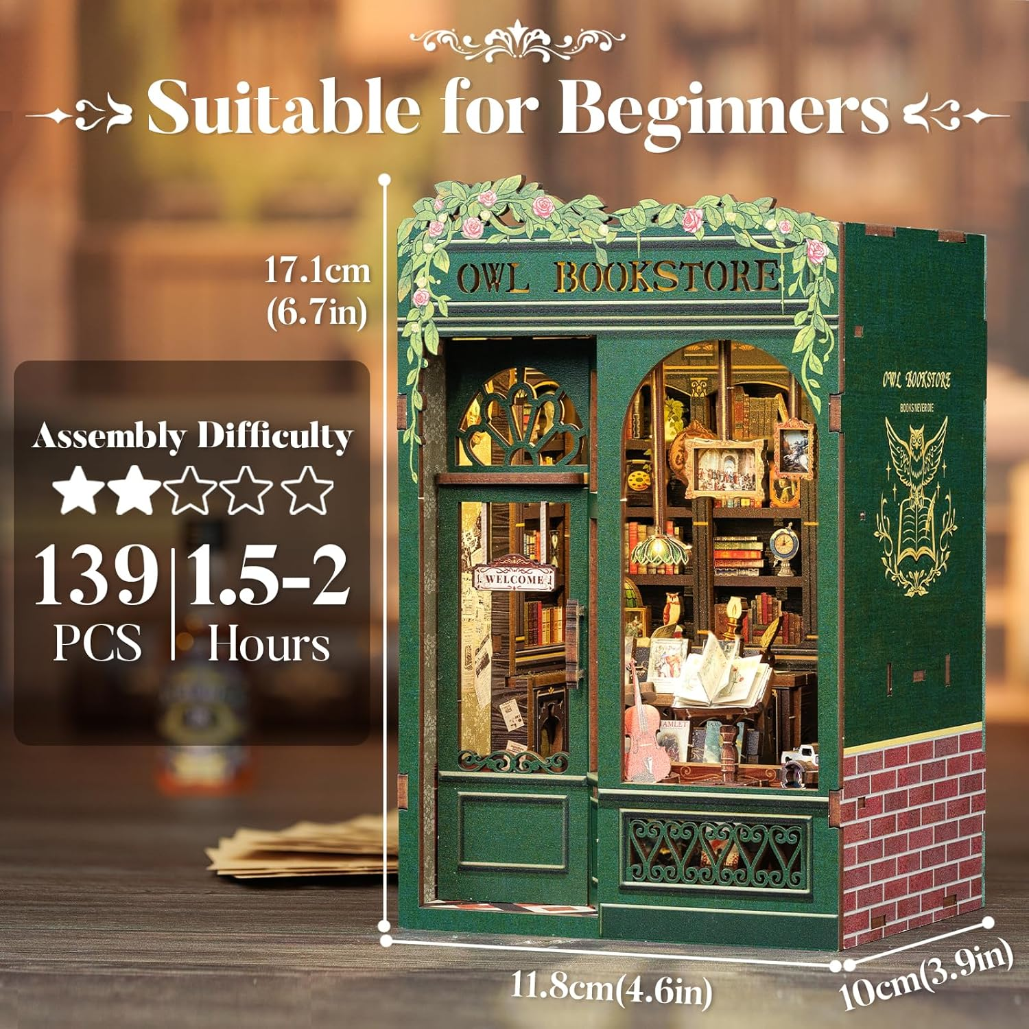 CUTEBEE Book Nook Kit - DIY Miniature House Kit for Adults, Teens and Beginners, Dollhouse Booknook Library Tiny House Bookshelf Decor 3D Wooden Puzzle, Gifts for Family, Friends (Owl Bookstore) image number 5