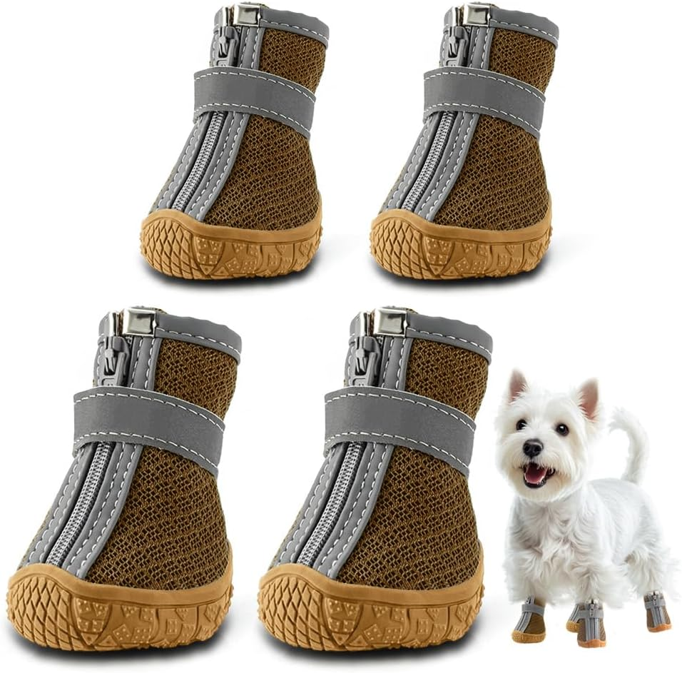 Dog Shoes for Small Dogs Boots, Waterproof Dog Booties Paw Protector for Outdoor Walking, Puppy Shoes with Reflective Strips Rugged Anti-Slip Sole for Hardwood Floors Hot Pavement Winter Snow 4Pcs/Set