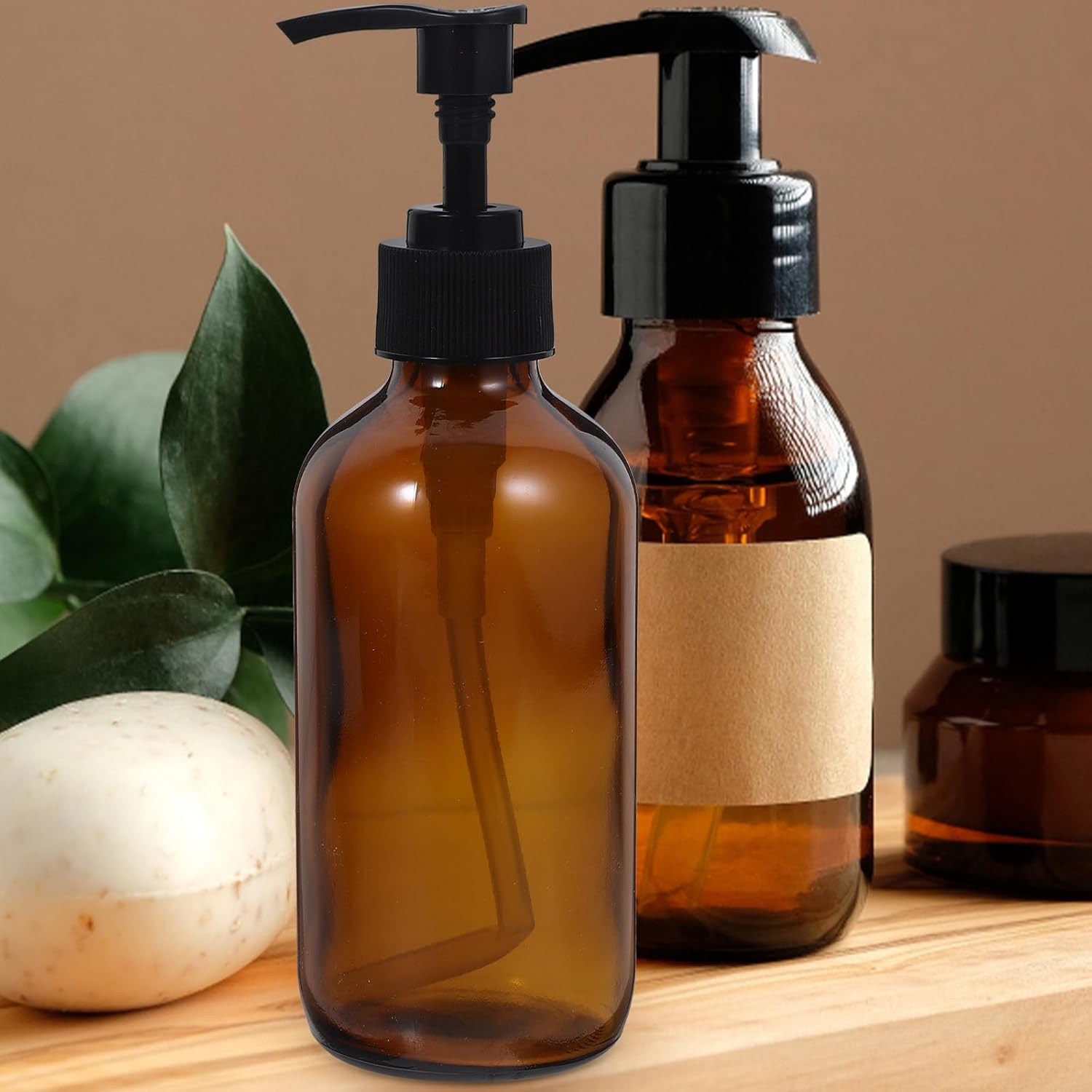 FINISPERSOO 4Pcs 250Ml Light Brown Glass Pump Bottles Set, Refillable Lotion Dispensers for Shampoo, Shower Gel, and Liquid Soap, Portable Travel Containers for Home and Hotel Use image number 3