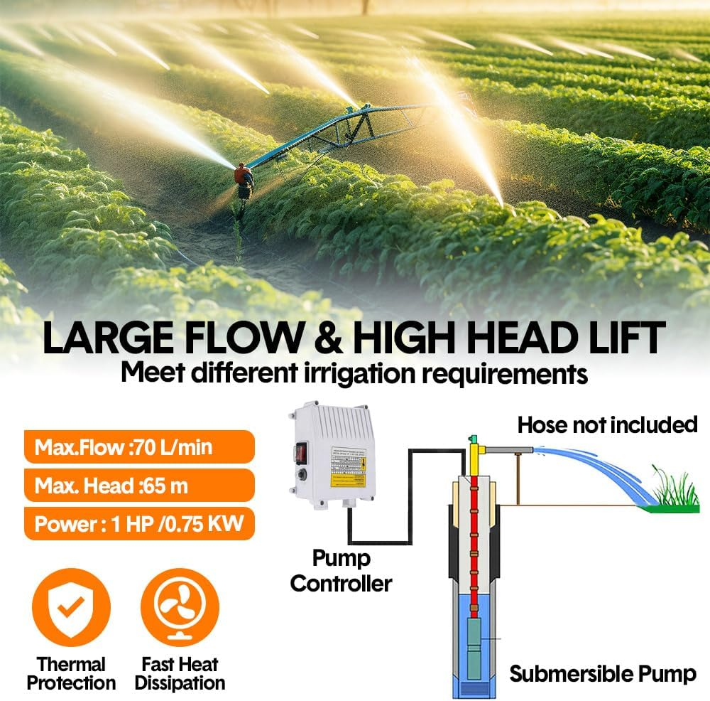 ALSTON 1HP 0.75W 220V Stainless Steel Deep Well Water Pump Submersible Bore Pump Head Max 58M/70L per Minute for Industrial Irrigation Livestock Home Use image number 1