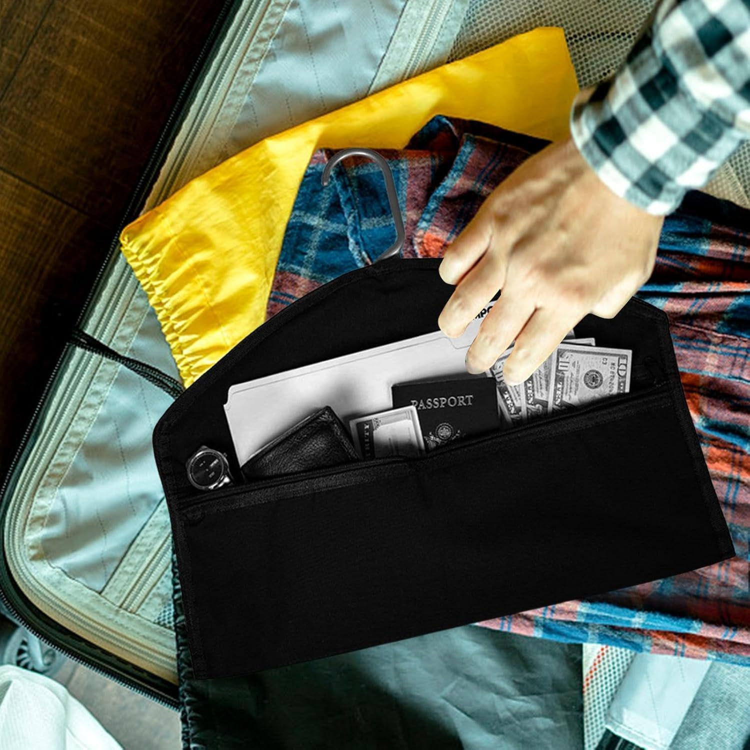 Coehaopike Hanger Diversion Safe - Water-Resistant Hidden Pocket Safe, Hides under Hanging Clothes | Diversion Hanger Fireproof Safe with Pocket to Hide Valuables for Home or Travel, Black, 44.5X32Cm image number 5