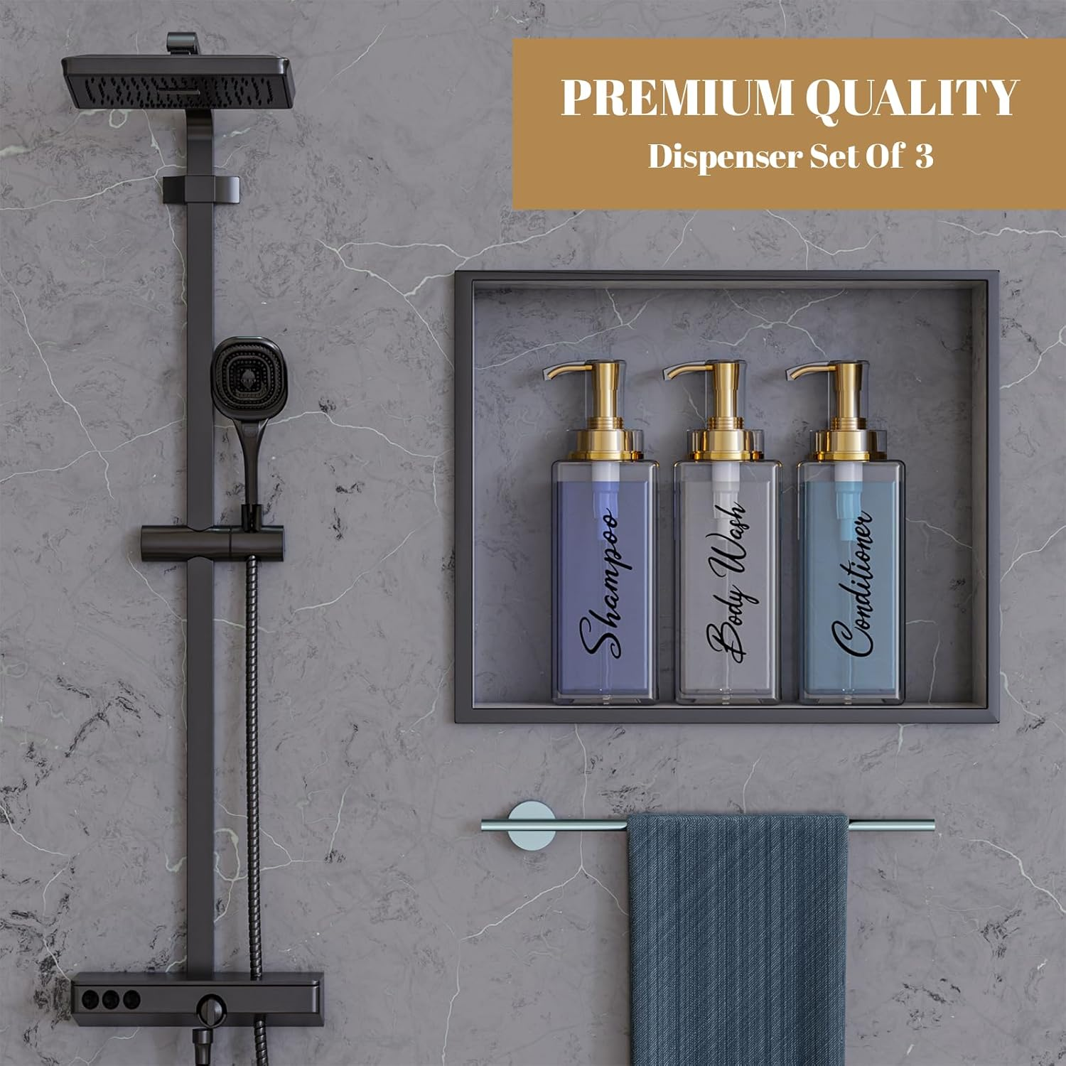 Akalin Shampoo and Conditioner Dispenser 16Oz, Set of 3 Refillable Shampoo and Conditioner Bottles with Pump, 3 Clear Body Wash Dispenser for Shower, Gold Soap Dispenser Bathroom (Clear)