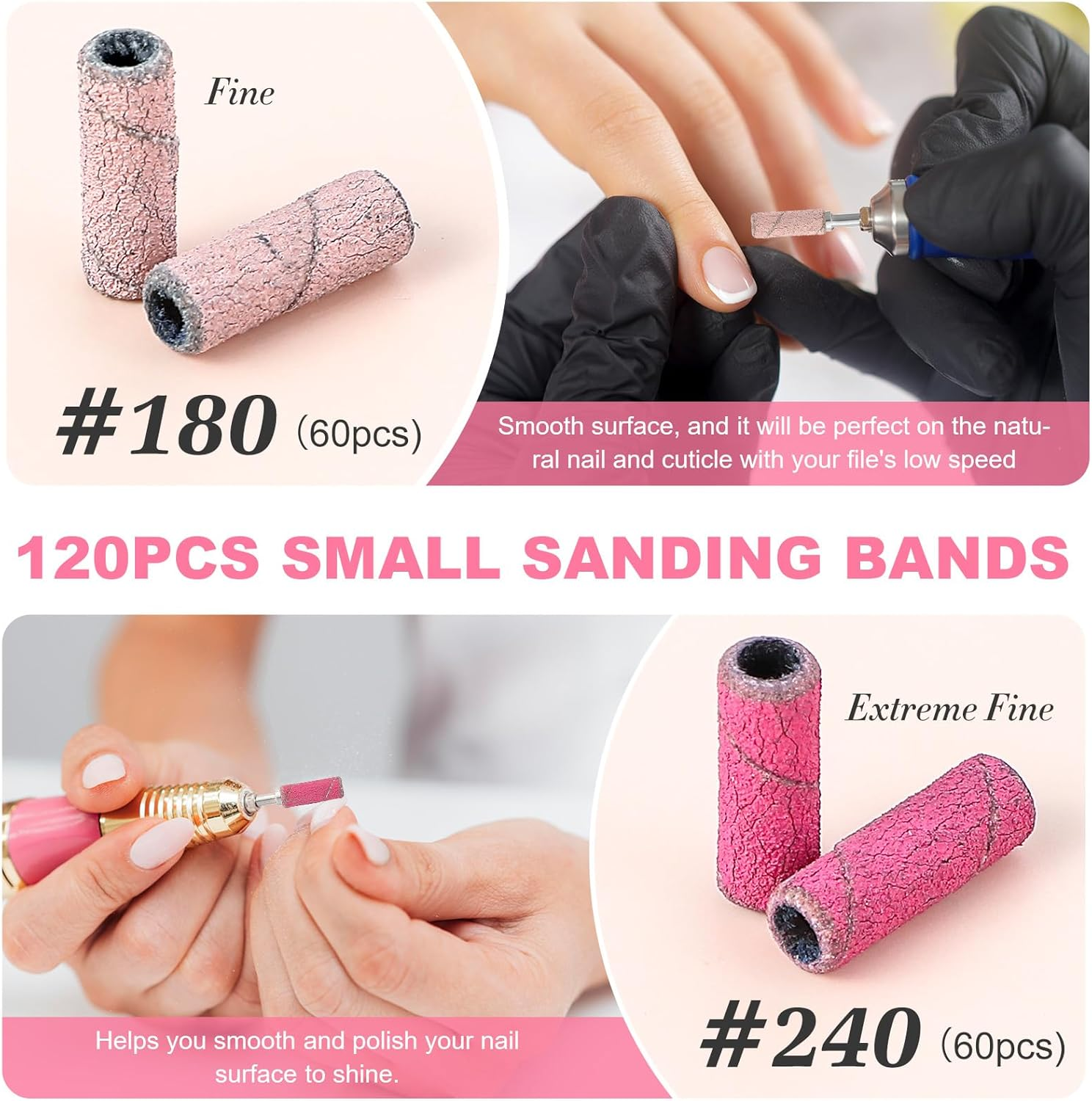 Pack of 120 Small Nail Sanding Belts, 240 Grit and 180 Grit Sanding Belts for Nail Drill, Mini Sanding Sleeves Nail Cutter, Sanding Caps Nail Cutter Attachment for Professional Manicure Pedicure image number 6