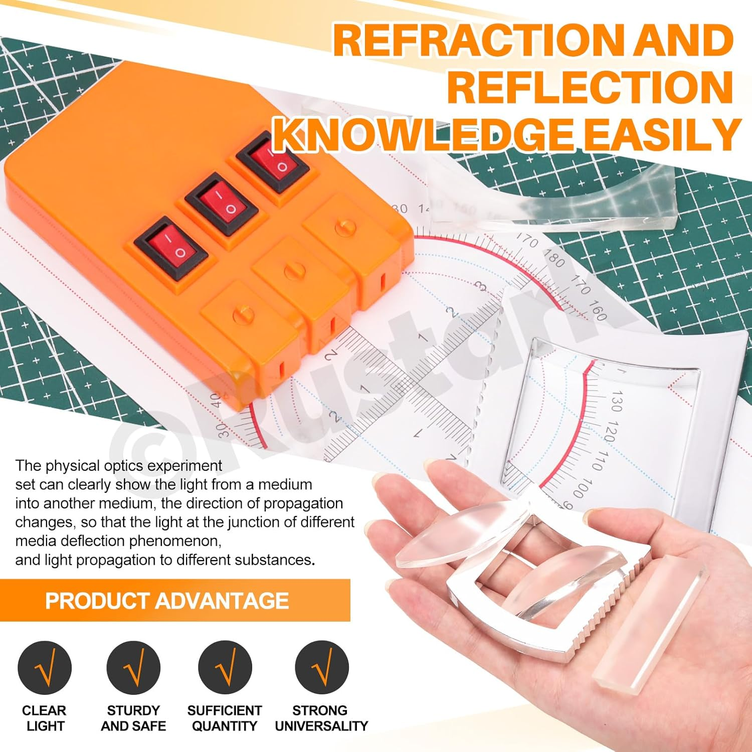 Rustark 1 Set Physics Optical Experiment Kit Prism Lens Optic Reflector Refraction Optics Three Light Source Teaching Demonstration Equipment Optical Physics Kit for Teacher Student Education image number 4