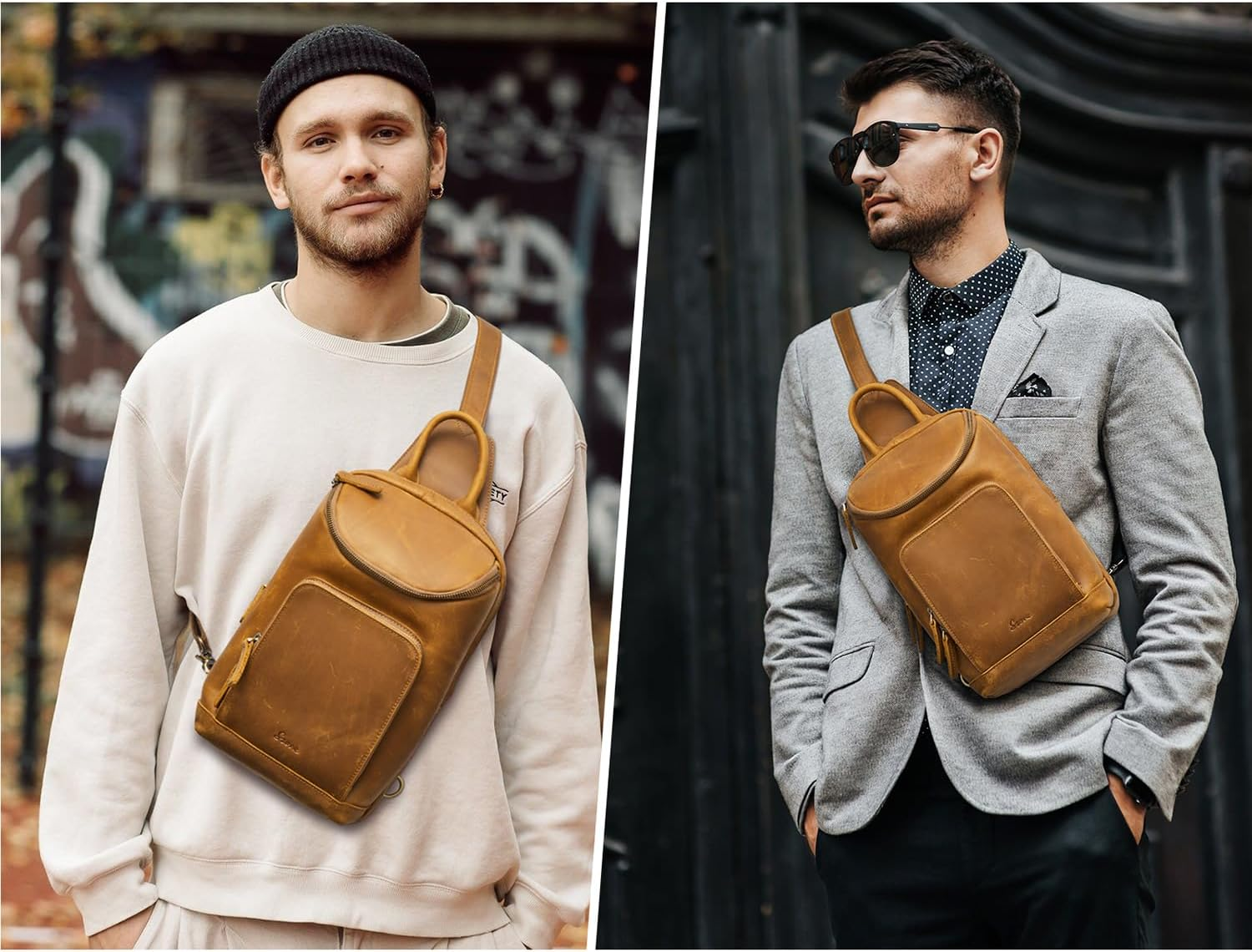 S-ZONE Sling Bag for Women Men Genuine Leather Vintage Crossbody Chest Bags Backpack Daypack Outdoor Travel image number 3