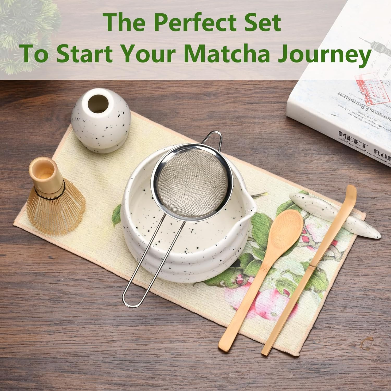 Haghito 8 PCS Matcha Whisk Set - Japanese Tea Ceremony Kit with Handcrafted Bamboo Whisk, Ceramic Bowl with Spout, Whisk Holder, Scoop, Sifter, Tea Cloth & Spoon Stand, Matcha Kit for Tea Lovers
