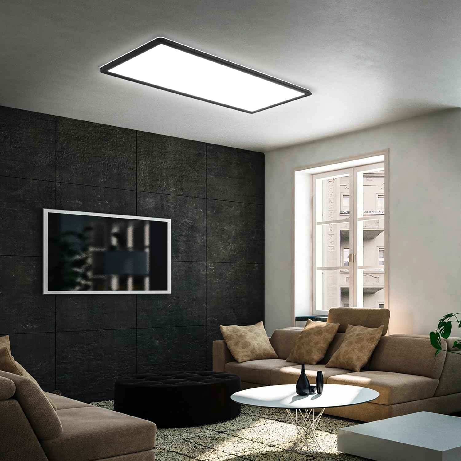 BRILONER - LED Ceiling Light with Indirect Light, 58 X 20 Cm, Flat, 22 W, 3,000 Lm, Neutral White Light Colour, Living Room, Ceiling Light, Living Room Lamp, LED Panel, Kitchen Lamp, Bedroom, Black - White image number 2