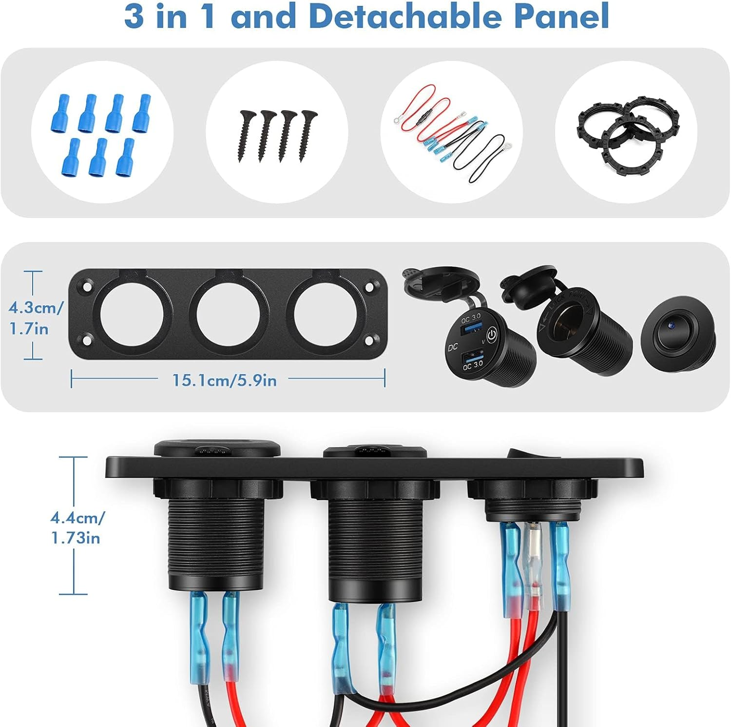 BLAZDEVE 3 in 1 USB Socket Panel, Dual QC 3.0 Car USB Charger, Cigarette Lighter Socket with LED Digital Voltmeter and ON/OFF Toggle Switch for 12V/24V Vehicles, Boat, Truck, Caravan image number 4