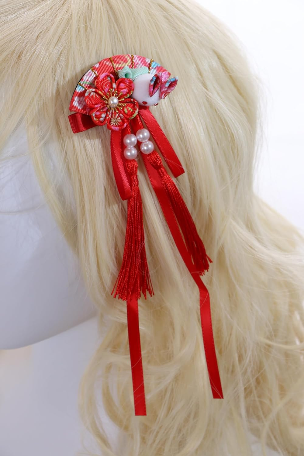 C-117-3 Red Fan Shape Rabbit Handmade Sakura Cherry Blossom Fabric Flowers Tassels Hair Clip Hair Clip Hair Clip Japan Geisha Kimono China Hanfu Accessory image number 4