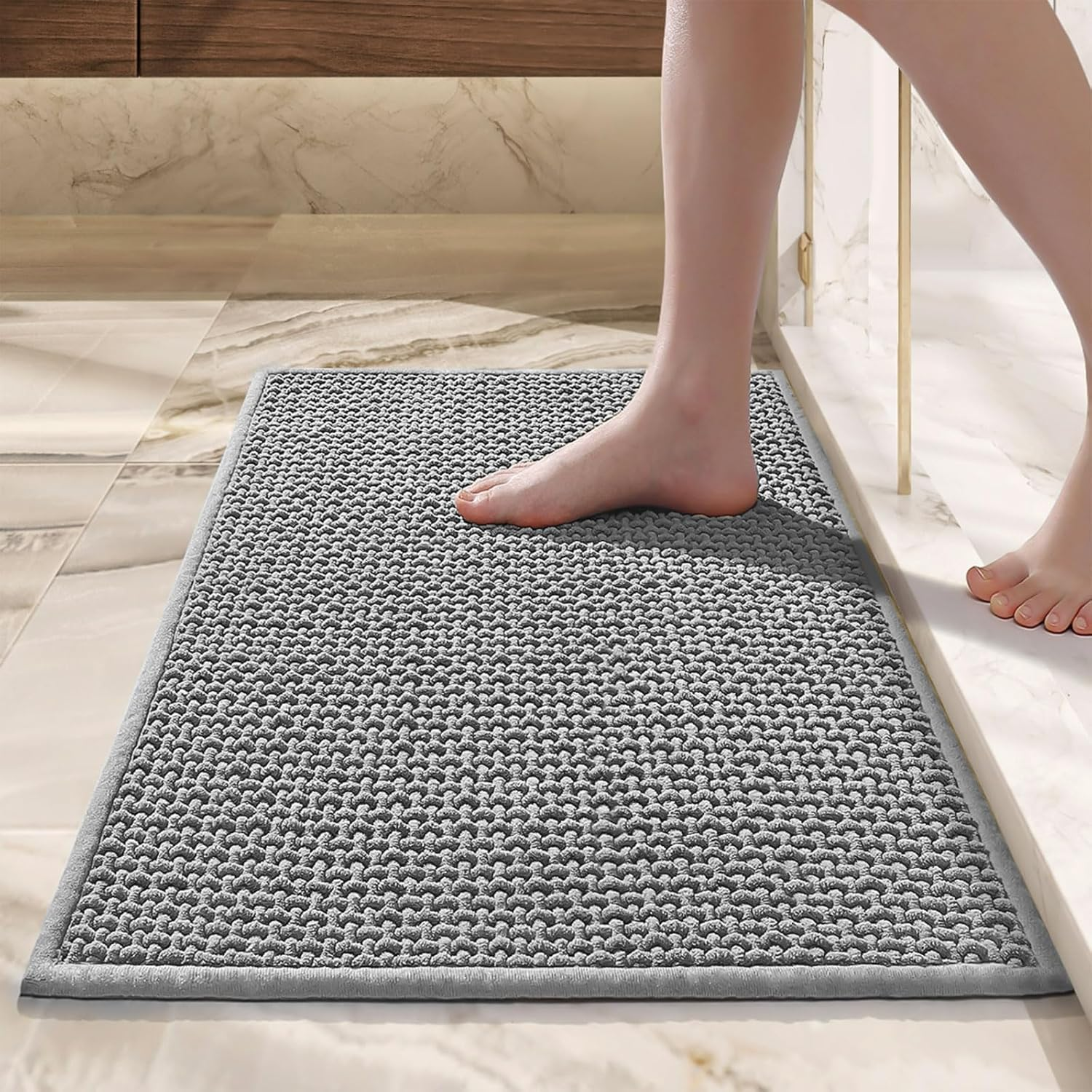 MOSISO Chenille Bathroom Rugs, 20 Inch X 32 Inch Non Slip Plush Shaggy Bath Carpet, Extra Soft and Absorbent Waffle Bath Mat for Bathroom Floor, Tub and Shower, Sink, Vanity, Grey image number 1