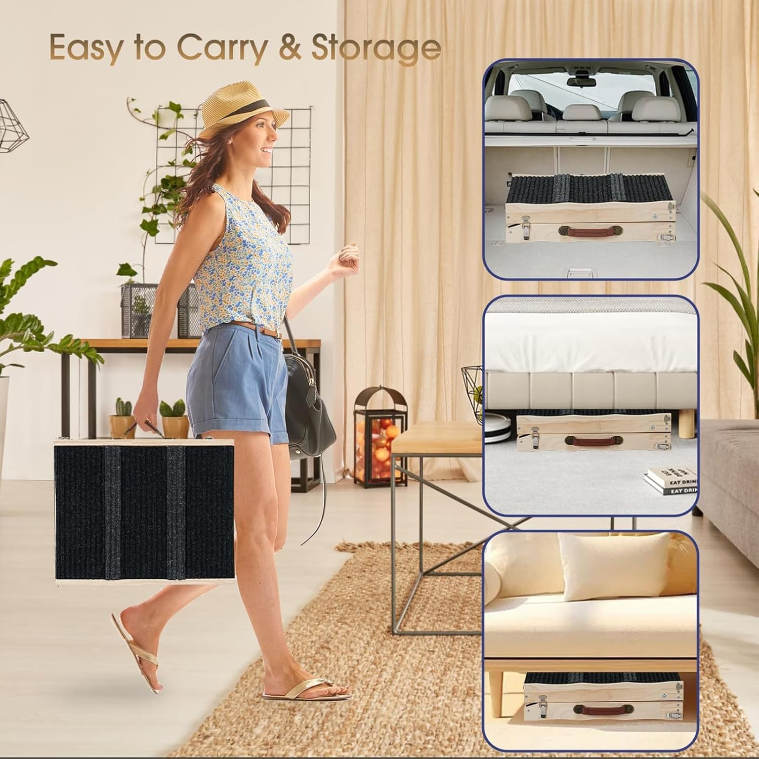 Dog Ramp, Adjustable Portable Folding Pet Stairs for Bed, Couch & Car, Non-Slip Wooden Surface, 83Cm Long, Supports Small to Large Dogs, Elderly Pets (Black, 83Cmx30Cm) image number 4