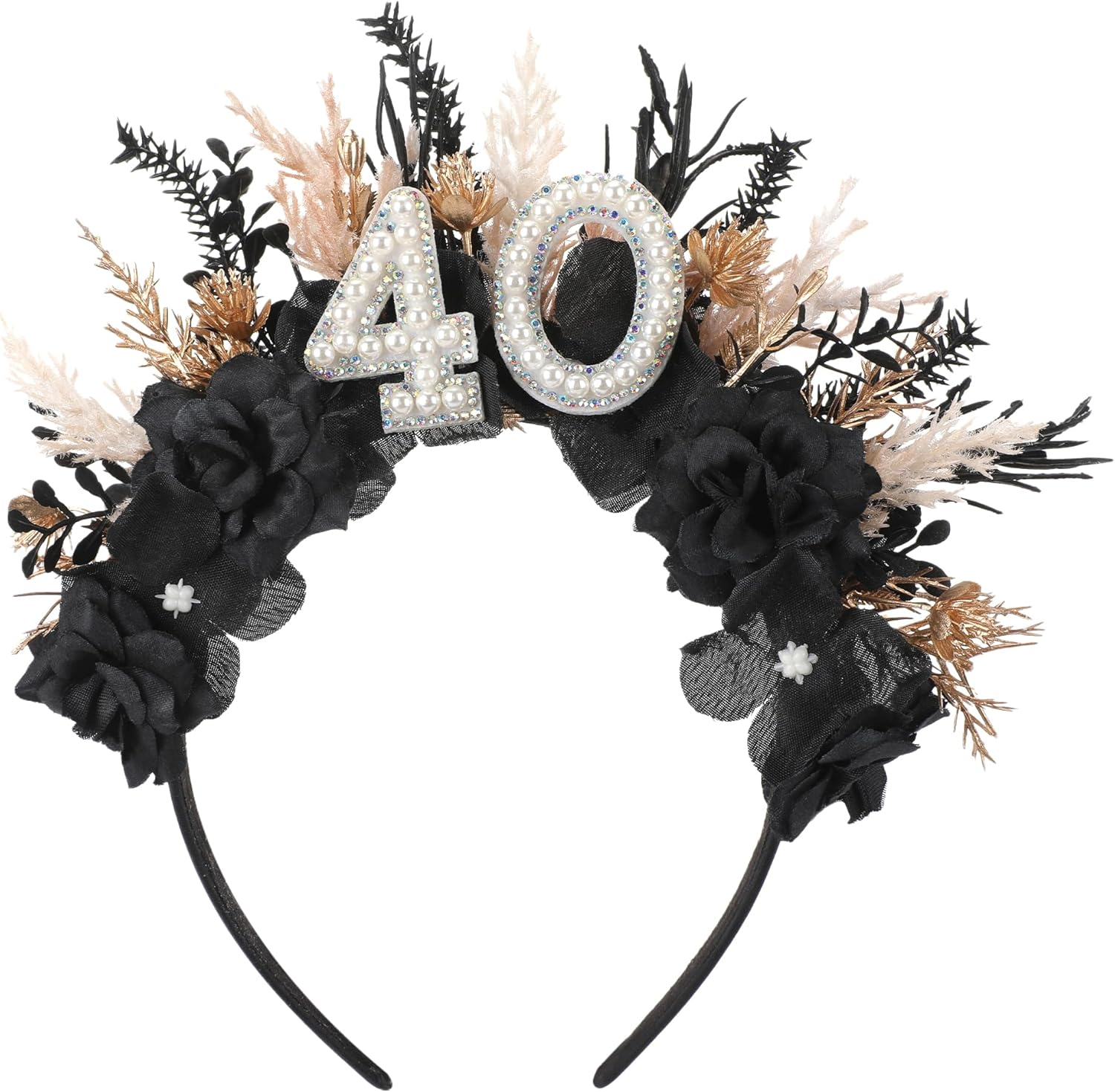 Partyforu Black Flower Birthday Headband - Birthday Crown Happy Birthday Headband for Her Birthday Gifts for Women Party