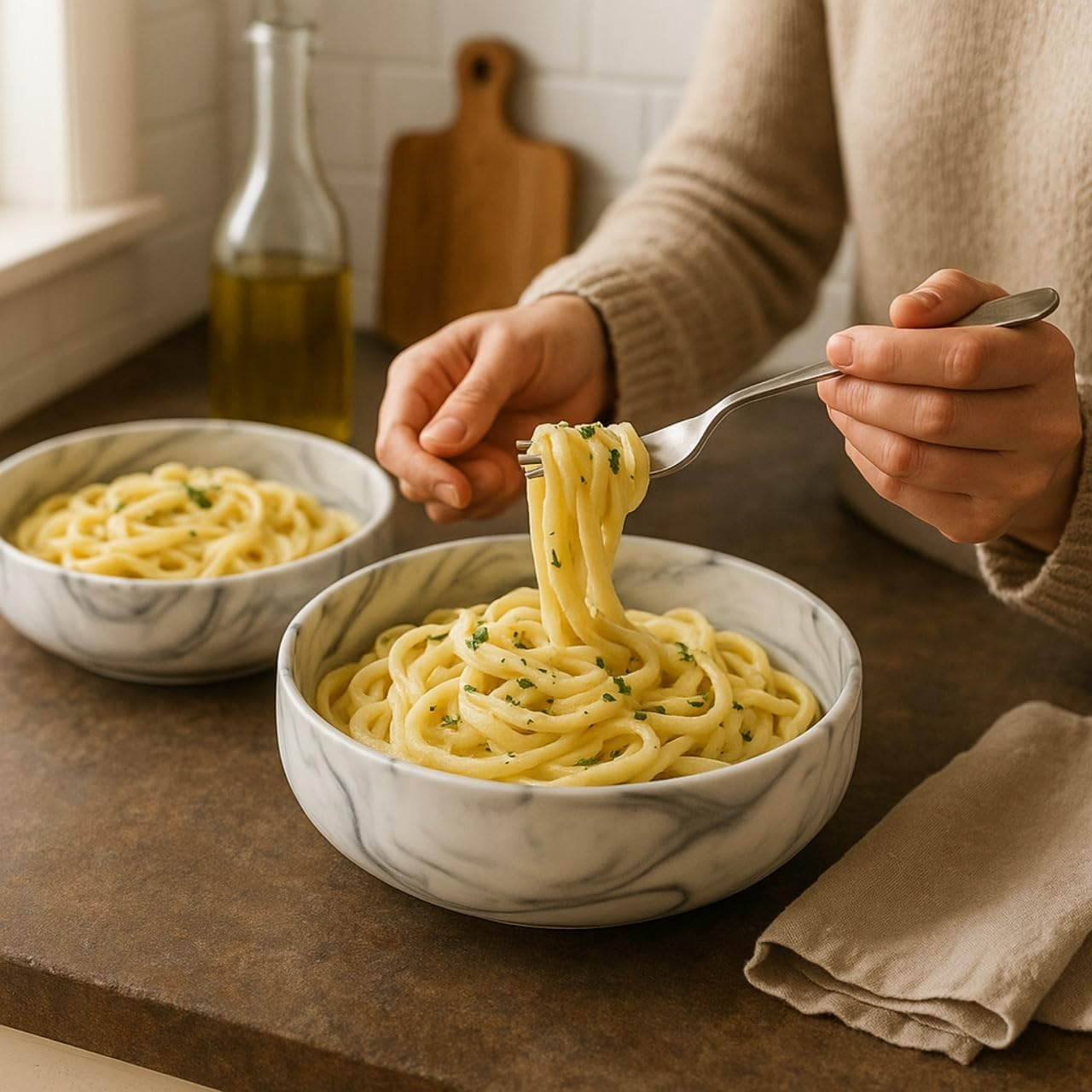 The Modern Nest-Marble Grey Bowl Set - Perfect for Soup, Salad, Ramen & Fruit | 2-Piece Ceramic Stoneware Bowl Set image number 4