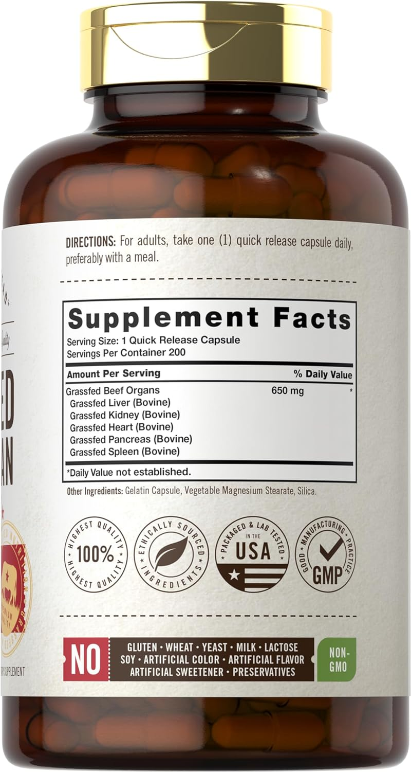 Grassfed Beef Organs Capsules 3250Mg | 200 Count | Desiccated Liver, Kidney, Pancreas, Heart, Spleen Supplement | Non-Gmo, Gluten Free | by Herbage Farmstead image number 4
