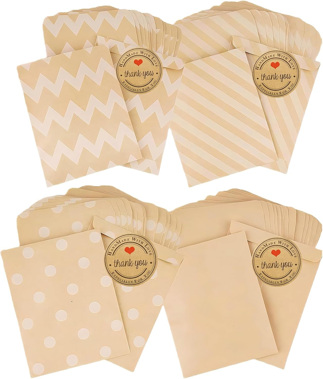 MAIHUO 60 Pcs Mini Gift Bags,Party Kraft Paper Bag with Thank You Stickers,Small Goodie Bag,4 Patterns Greeting Card Envelope,9X11.5Cm image number 5