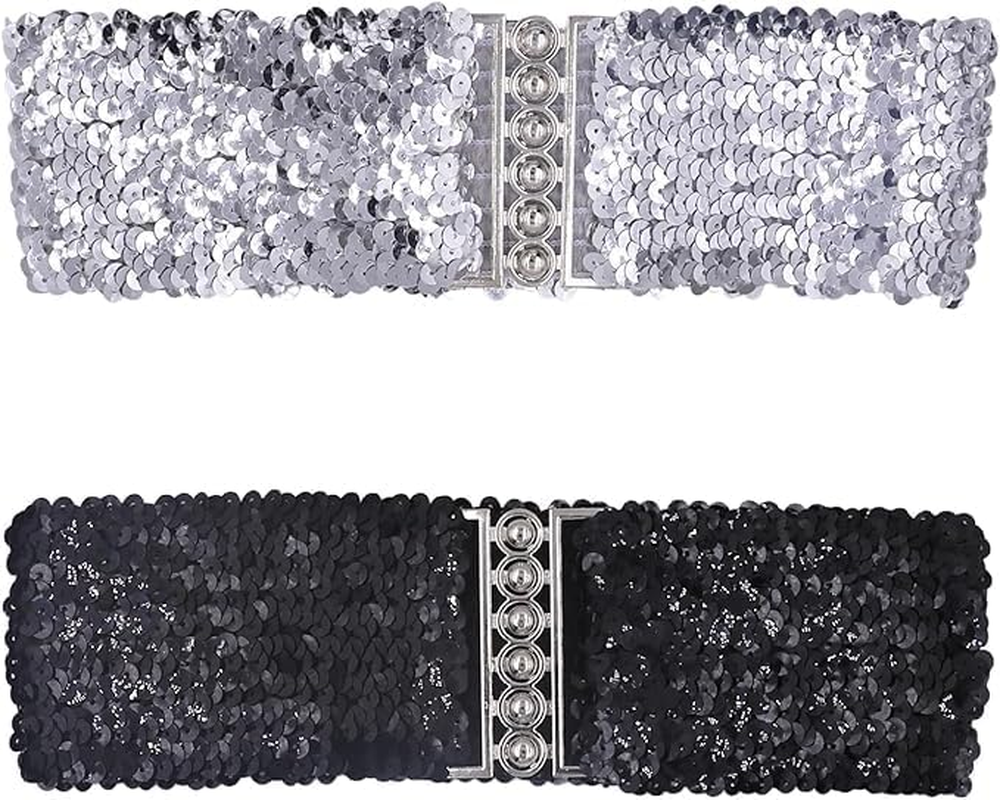 2PCS Women Girls Sparkly Glitter Sequin Stretchy Elastic Waist Belt Wide Dress Belt Corset Cinch Belt image number 4