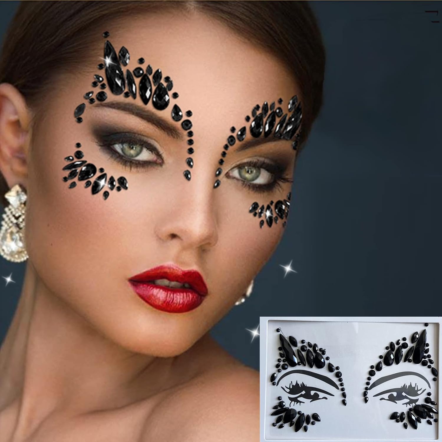 Black Halloween Face Gems, 2 Pcs Eco-Friendly Resin Material Self-Adhesive Mermaid Face Jewels Stick on Stickers Glitter Face Makeup Gems for Kids Festival Forehead Decorations (Collection 3) - Collection 3 image number 2