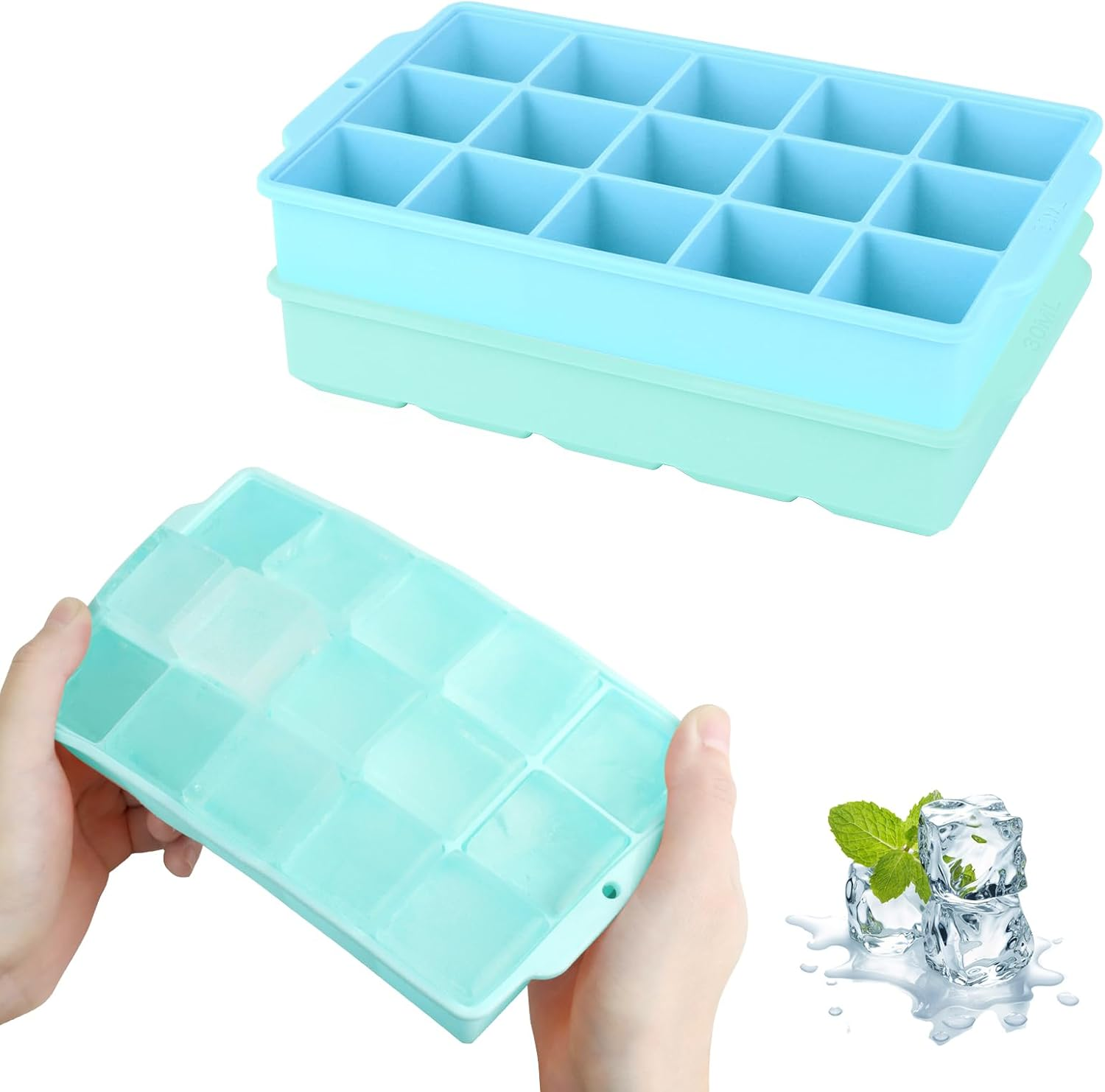 JOPHEK Ice Cube Tray, Pack of 2, 30 Compartments Silicone Ice Cube Tray, Large Square Ice Cubes, 3.5 Cm for Cocktails, Whisky, Wine, Fruit, Fruit Purees, Ice Cream, Iced Tea