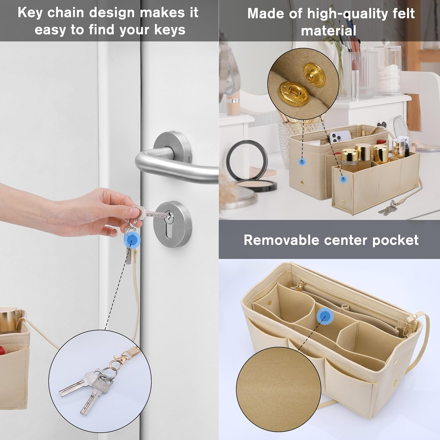 Hejo Handbag Organiser, Felt Bag Organiser, Bag in Bag Organiser, Bag Organiser Shopper, Multi-Pocket Handbag Inner Pocket for Women Girls (Beige, M) - Beige image number 3