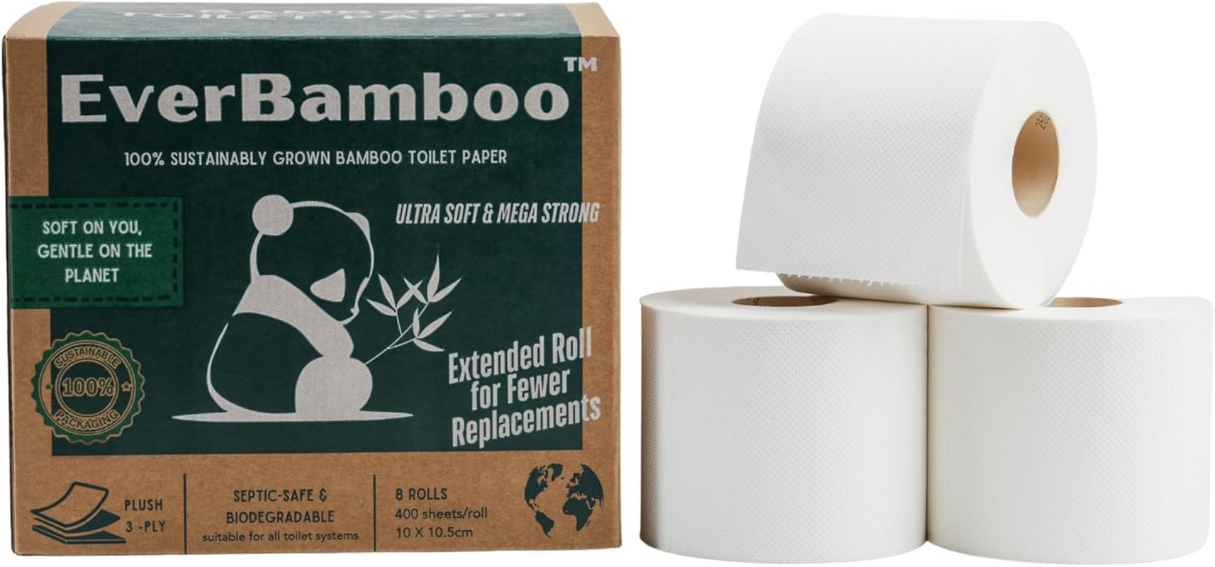 Premium 3-Ply, 100% Bamboo Toilet Paper, 32 Rolls Pack, More than Double Length - Ultra Soft and Mega Strong with 400 Sheets per Roll image number 4