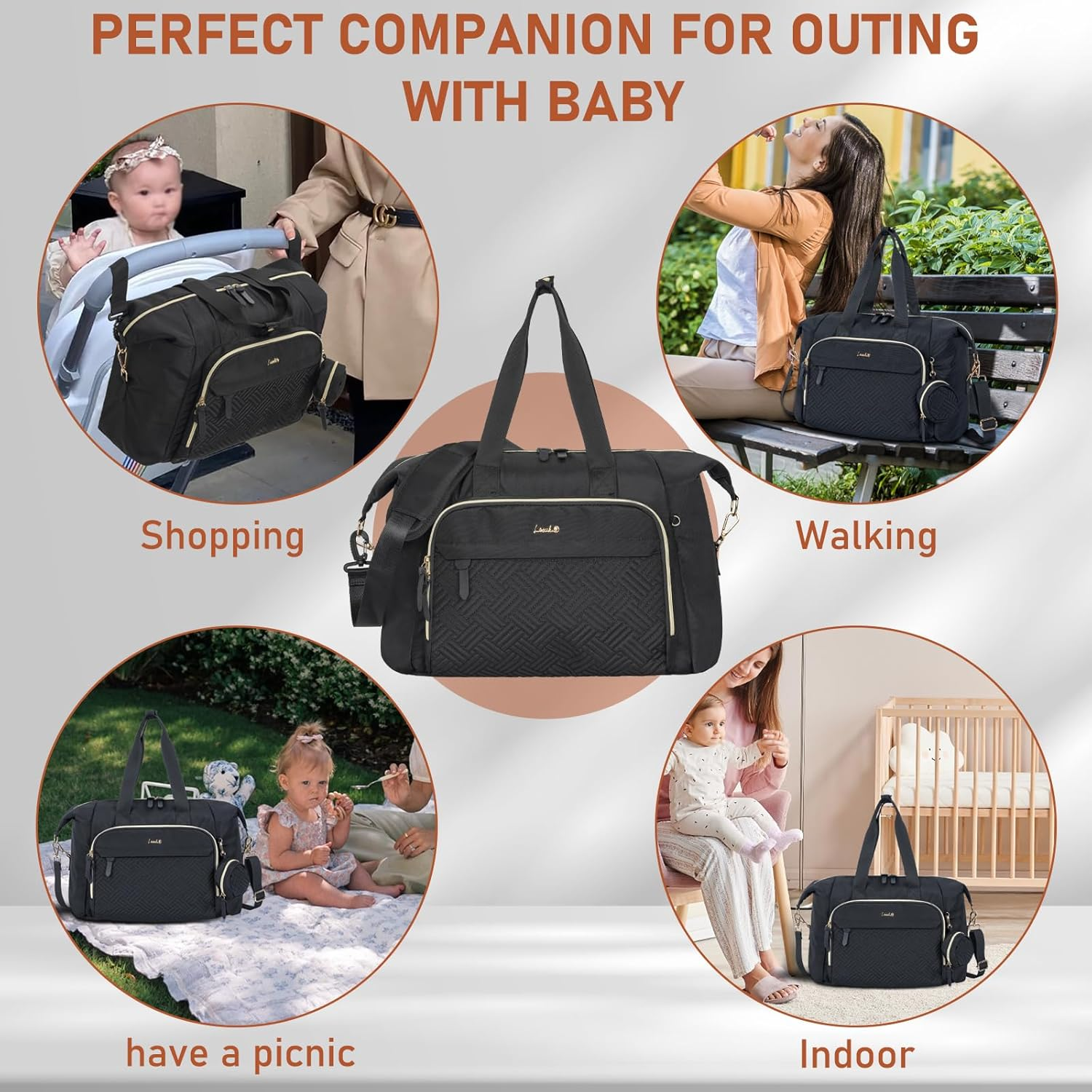 7Pcs Diaper Bag Tote, Large Mommy Travel Diaper, Baby Diaper Tote Bag for Mom Hospital Bags Baby Bag, Black image number 4