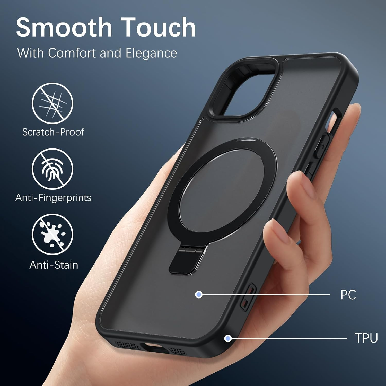 Telaso Case for Iphone 13/14, Magnetic Translucent with Built-In Stash Stand Cover Compatible with Magsafe Shockproof Protective Phone Case with Hard Back TPU Cover for Iphone 13/14, Black image number 6