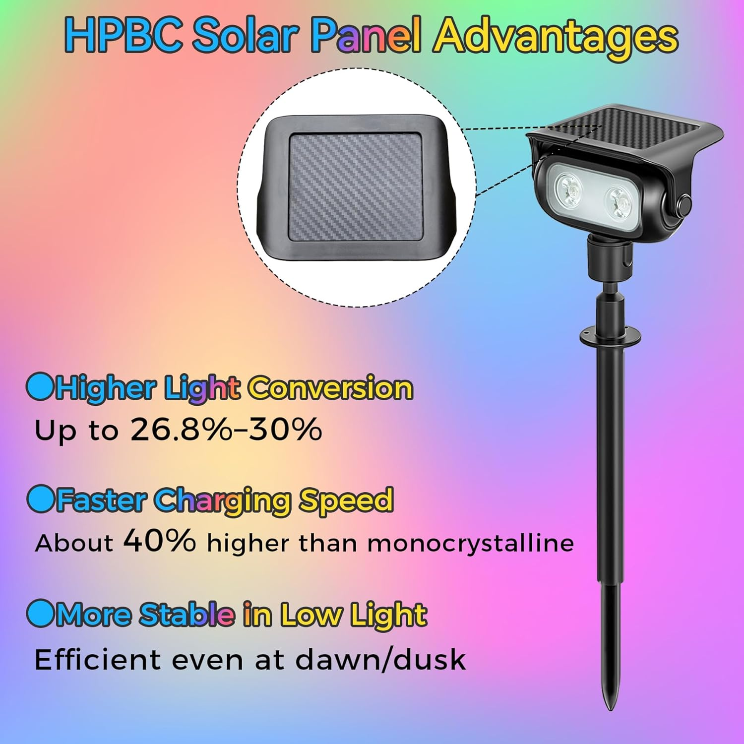 RGB LED Solar Garden Spotlights with Ground Stakes, 2 Pack, 5 Color Modes, Dusk-To-Dawn Sensor, IP65 Waterproof Outdoor Solar Lights for Yard, Lawn and Pathway Lighting image number 1