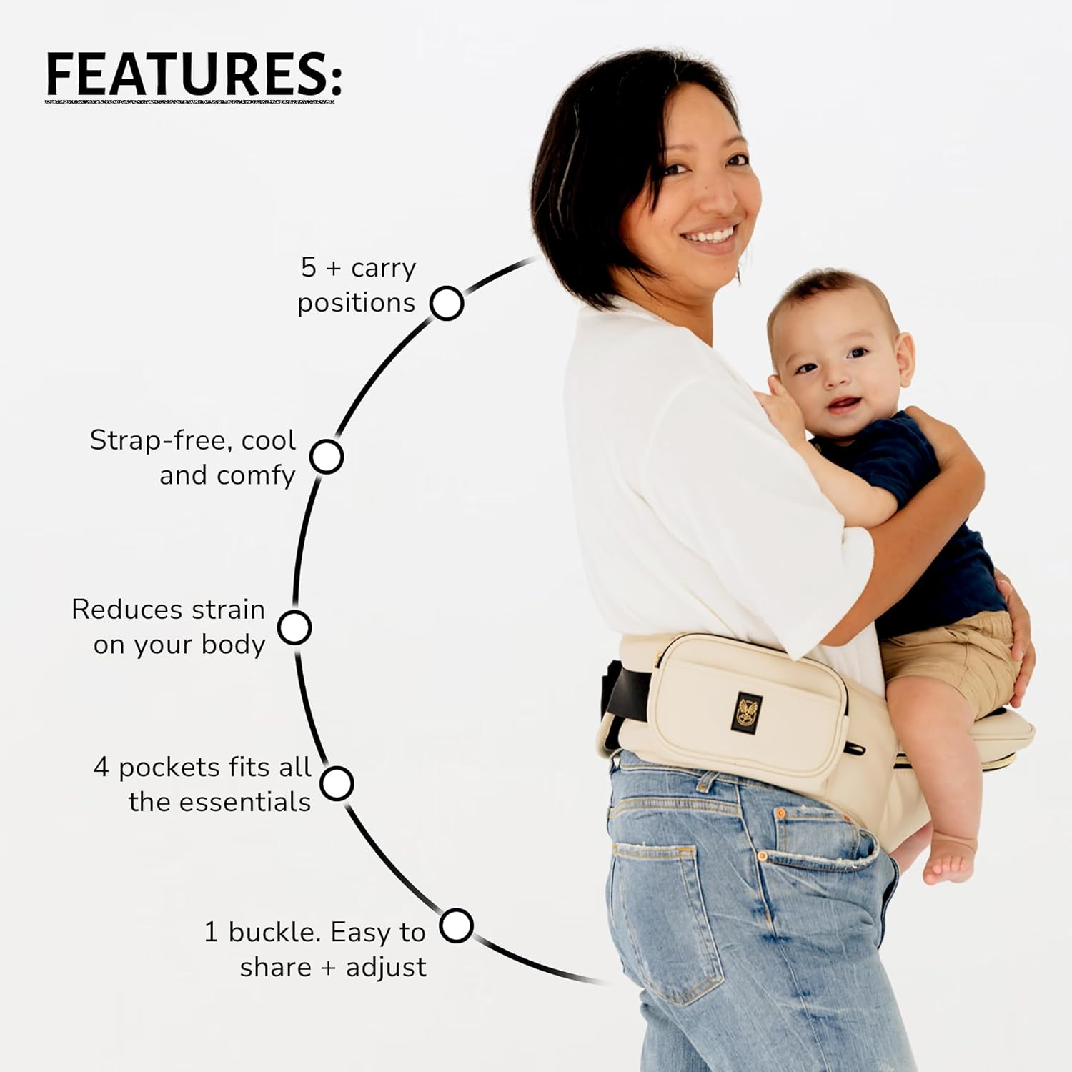 Hipsurfer Hip Seat Baby Carrier & Bum Bag for 0-3 Years Babies - Multi-Award Winning, Ergonomic Baby Hip Carrier in Australia for Newborns & Toddlers, Vegan Leather, Inbuilt Storage(Sand) image number 1