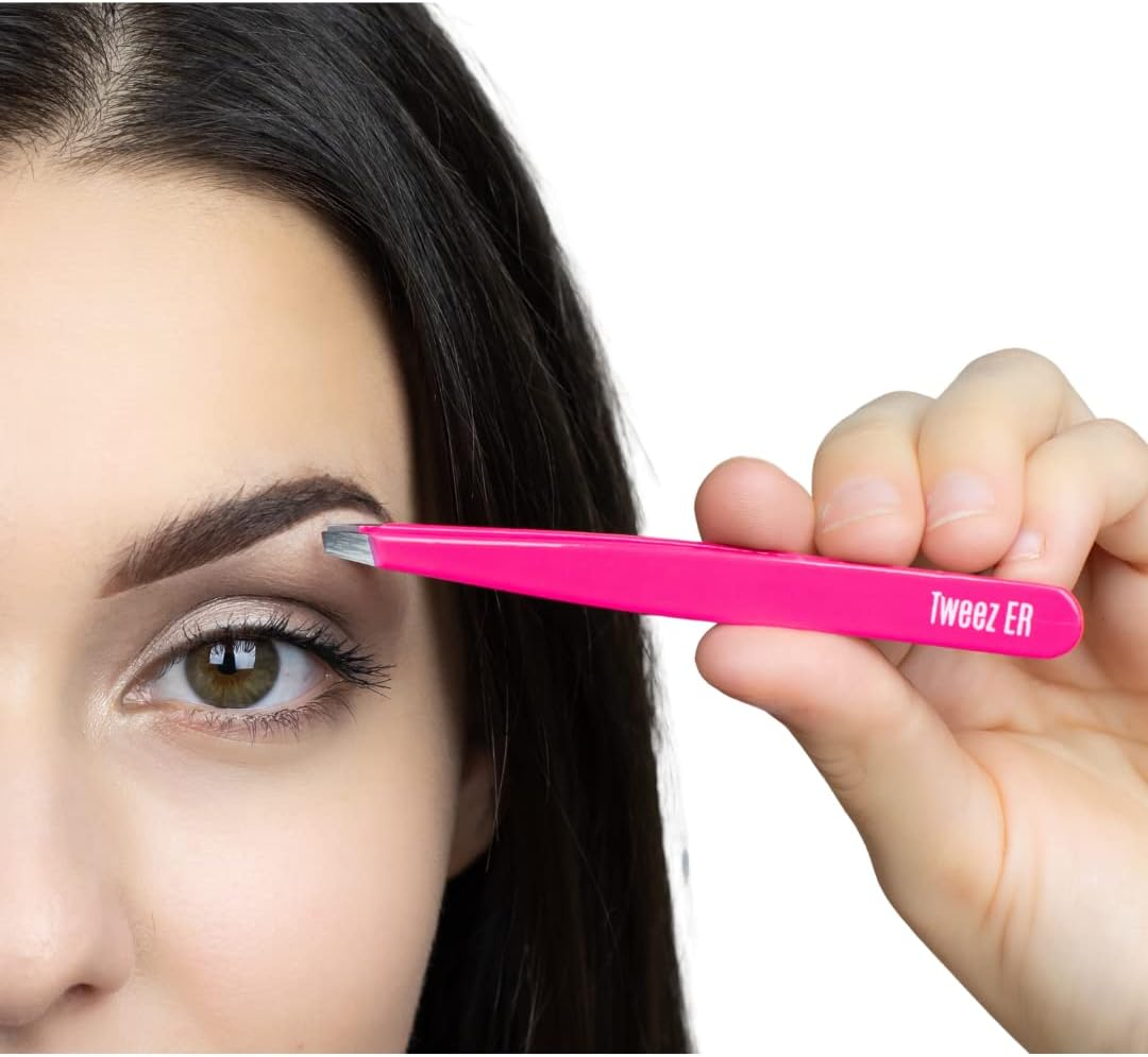 Pink Eyebrow Tweezers by Tweez ER | Professional Slant Tip Tweezer | the Best Surgical Grade Precision Hand Filed Stainless Steel Tweezer for Expert Results & Your Daily Beauty Routine