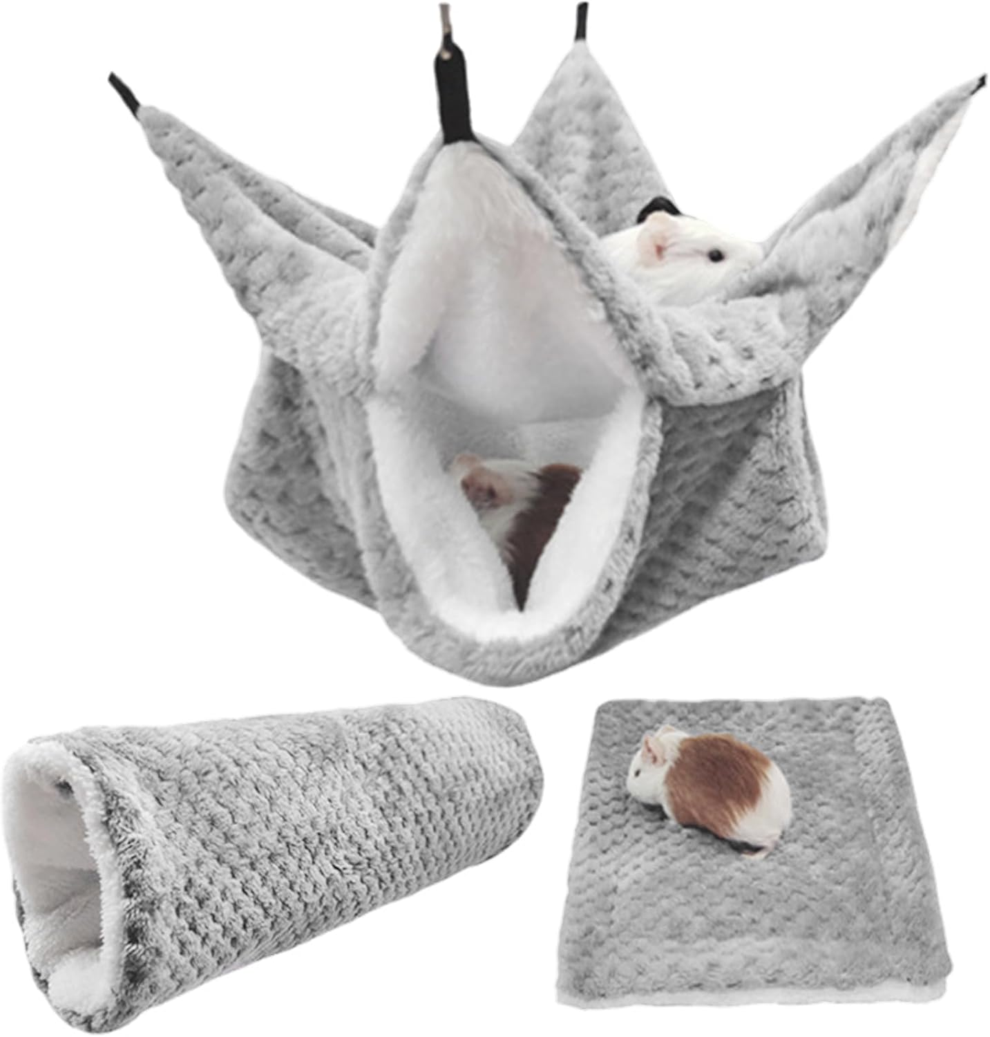 PLUSHCEWT Guinea Pig Hammock Set, Double Layer Hanging Small Animal Beds Made of Soft Flannel Cage Hammock for Hamsters, Ferrets, Rats, Chinchillas, Sugar Gliders (Pack of 3)