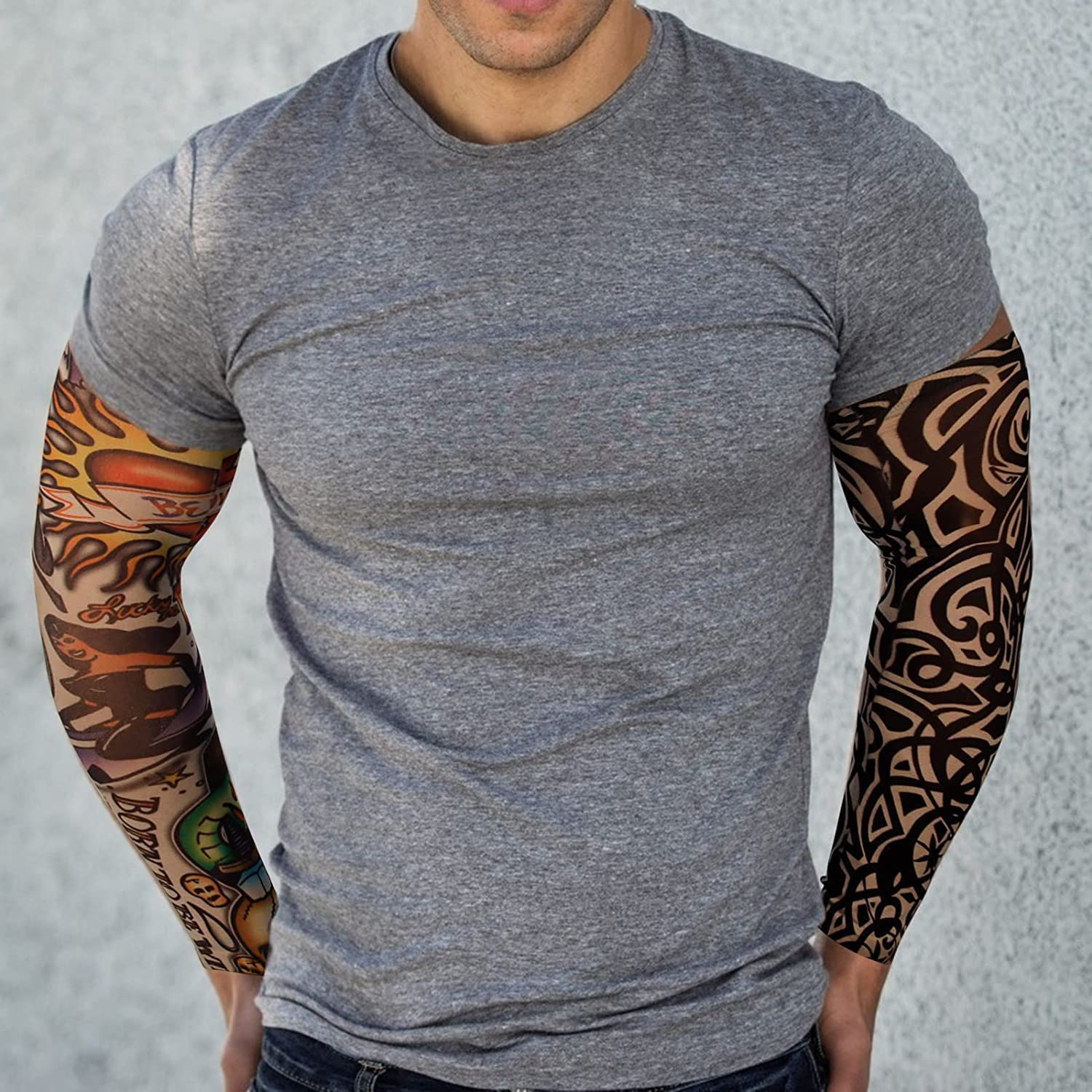 6 Pack Temporary Tattoo Arm Sleeves Arts Fake Slip on Arm Sunscreen Sleeves Body Art Stockings Protector - Designs Tribal, Tiger, Dragon, Skull, and Etc Unisex Stretchable Cosplay Accessories image number 1