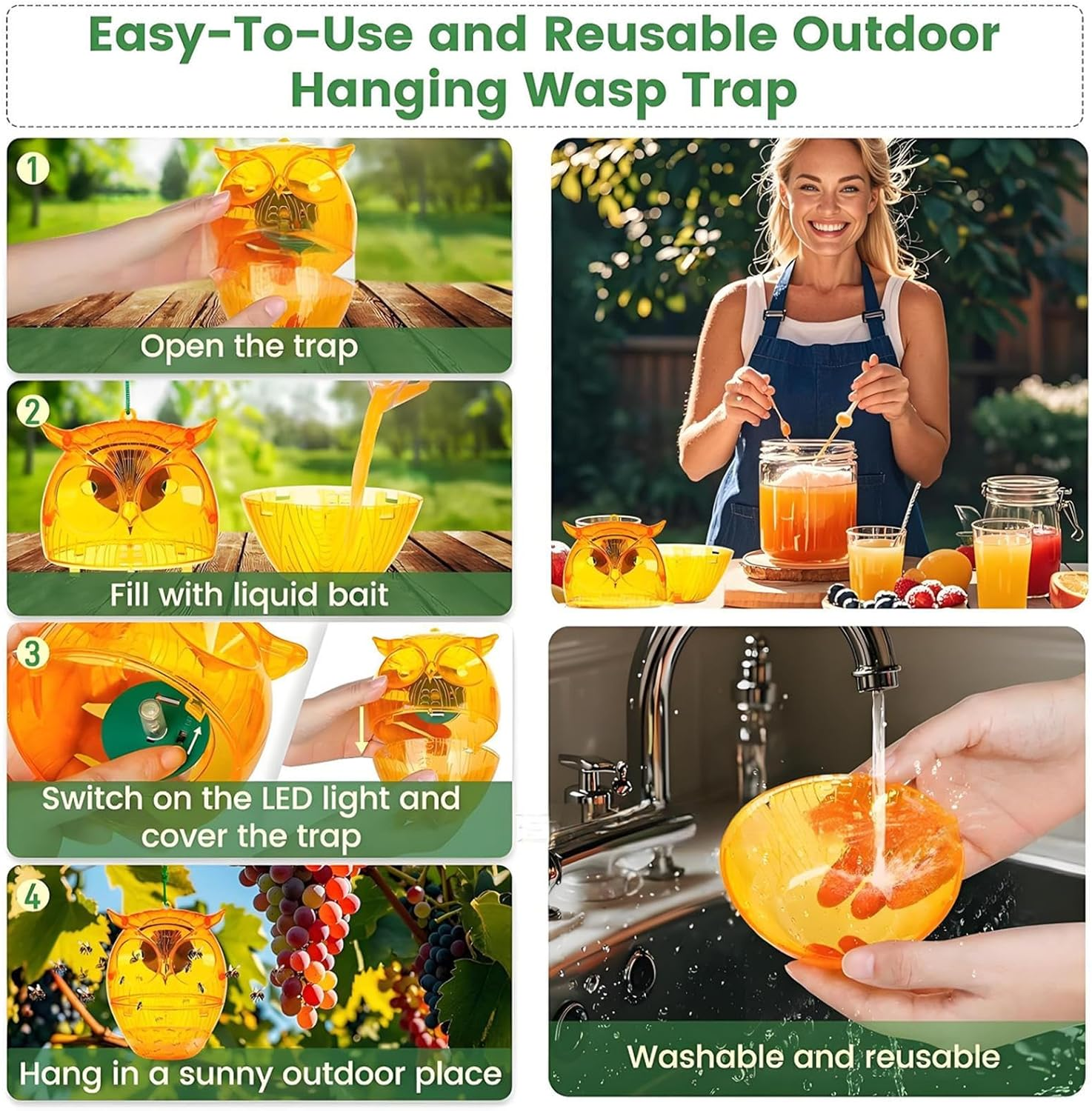 Uoqpty Wasp Catchers for Outside,Solar Owl Shape Carpenter Bee Trap with LED Light | Gardening Supplies for Camping Orchard Shed Picnic Fruit Trees Backyard Pool Area Nature Attic Porch image number 1