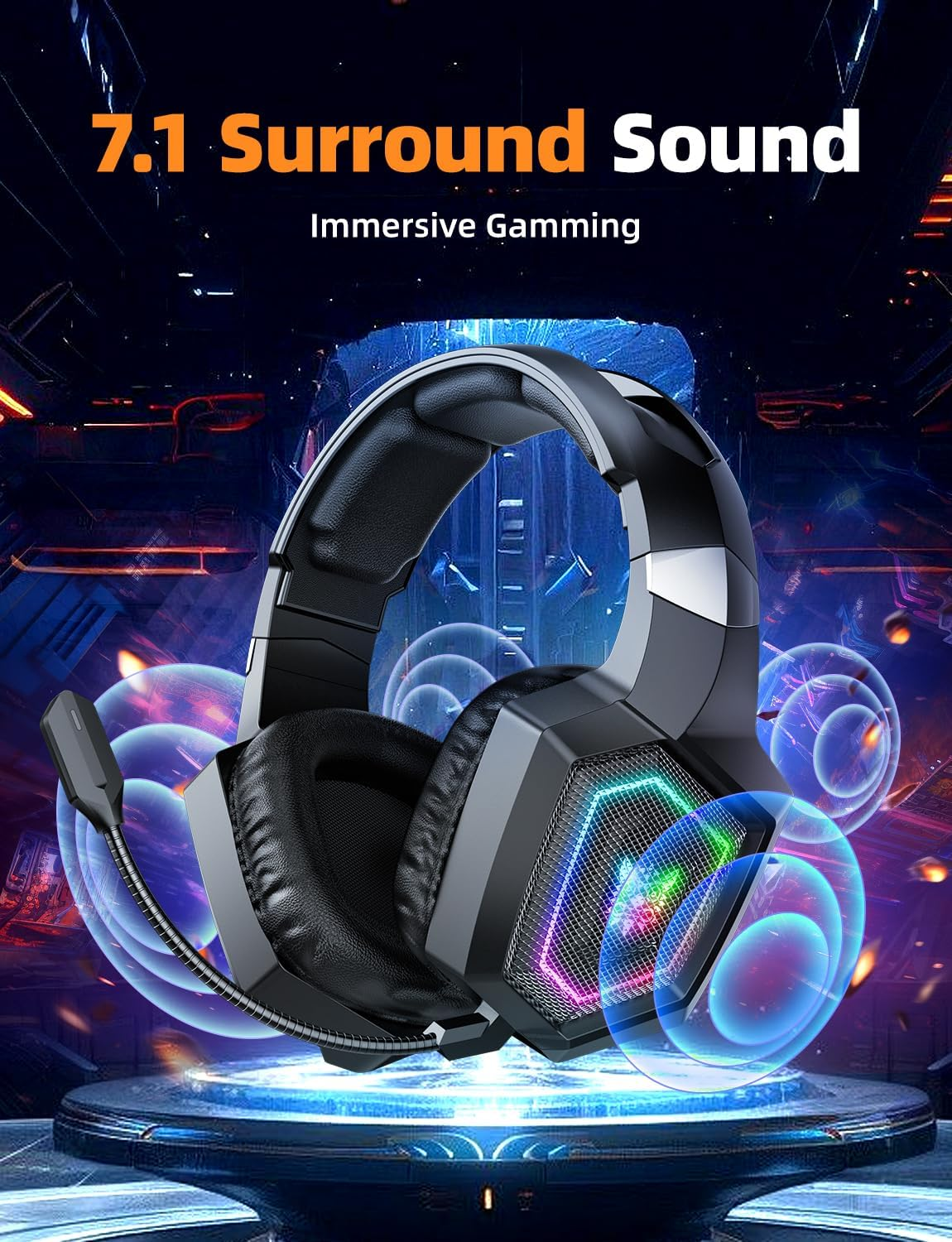 2.4Ghz Wireless Gaming Headset for PC, Ps4, Ps5, USB & Type-C Gaming Headphones with Detachable Microphone, Bluetooth 5.4 over Ear Gamer Headset Compatible for Switch, Laptop, Mobile, Mac, RGB Light - Black image number 2