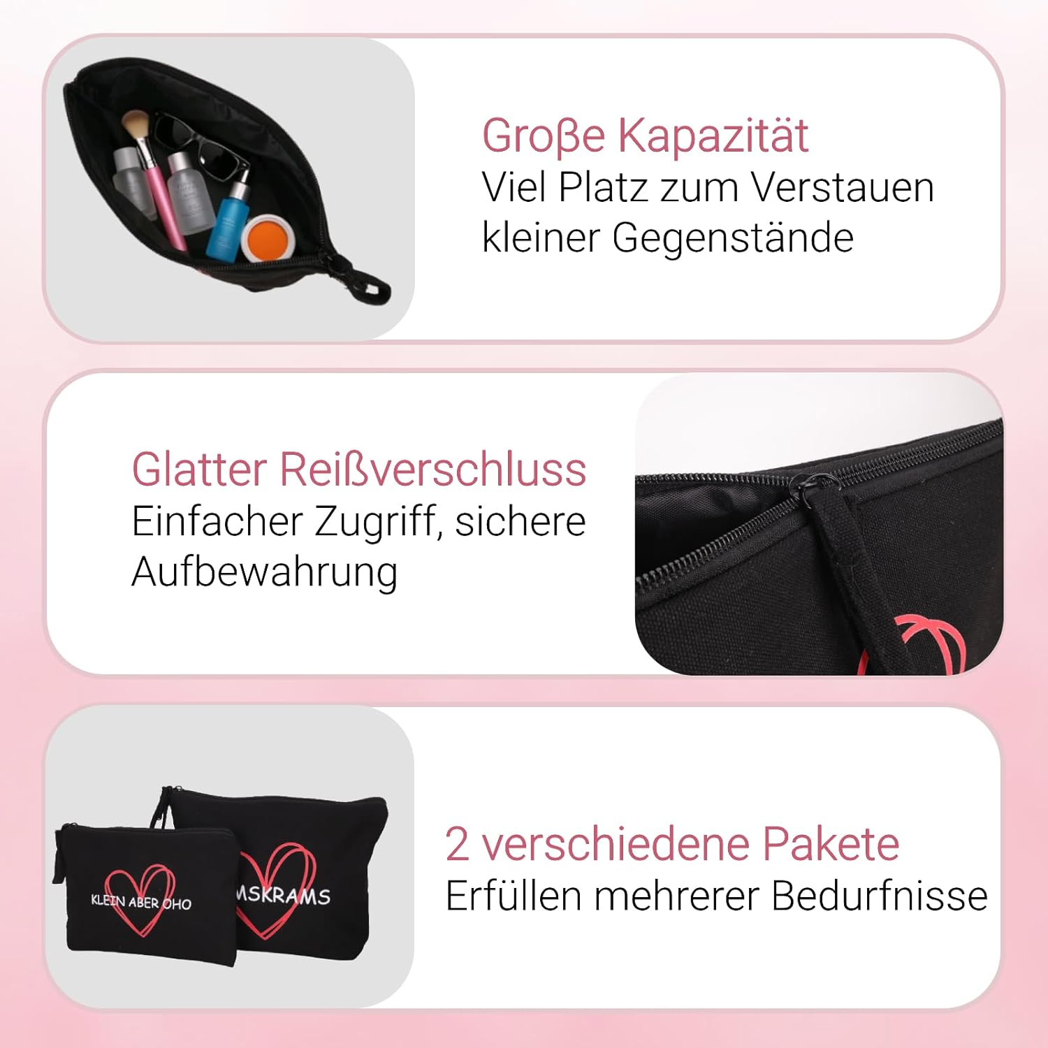 Pack of 2 Small Cosmetic Bag for Women/Girls, Toiletry Bag for Women, Black Krimskrams Make-Up Bag for Women, Girlfriend, Mum, Make up Bag with Saying, Travel Purse