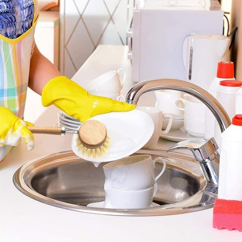 Natural Bamboo Cleaning Brush Set Pot Dish Scrub Brush with Handle Wooden Kitchen Dish Brush Dish Scrubber Replacement Brush Heads Dish Brush(Pot Brush*1+Brush Head*4) image number 3