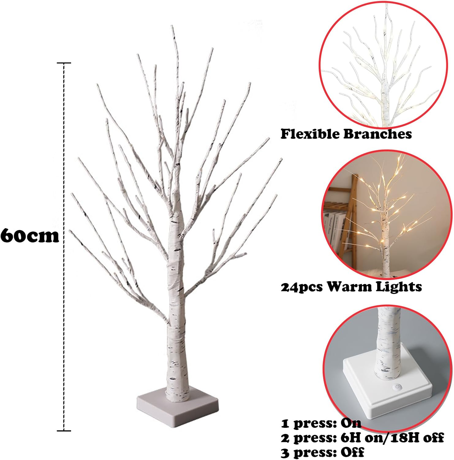 Christmas Decorations Indoor Birch Tree Light with Light Leds Battery Powered Timer for Christmas, Money Trees for Winter Wedding Desk Table Top Mantel Home Easter Decor 60Cm Height (White-1Pack) image number 1