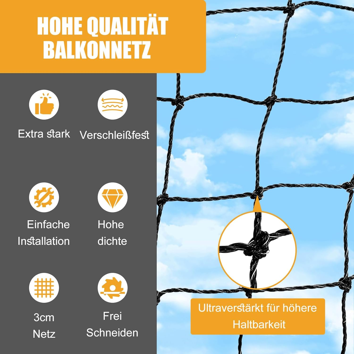 Imeshbean Cat Net for Balcony, 4 X 3 M Cat Net, Wire Reinforced Safety Net, Balcony Net with Mounting Rope and Accessories, Cat Protective Net, Bird Protection Net for Windows, Patio, Garden (4 X 3 M) image number 3