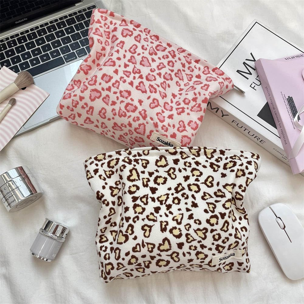 Tcdwla Cosmetic Bag, Pack of 2 Make-Up Bag, Toiletry Bag, Corduroy Small Women, Pencil Pouch, Aesthetic School Stuff for School, Travel, Business, Shopping, Hiking, Beige 1, Leopard Tattoo image number 1