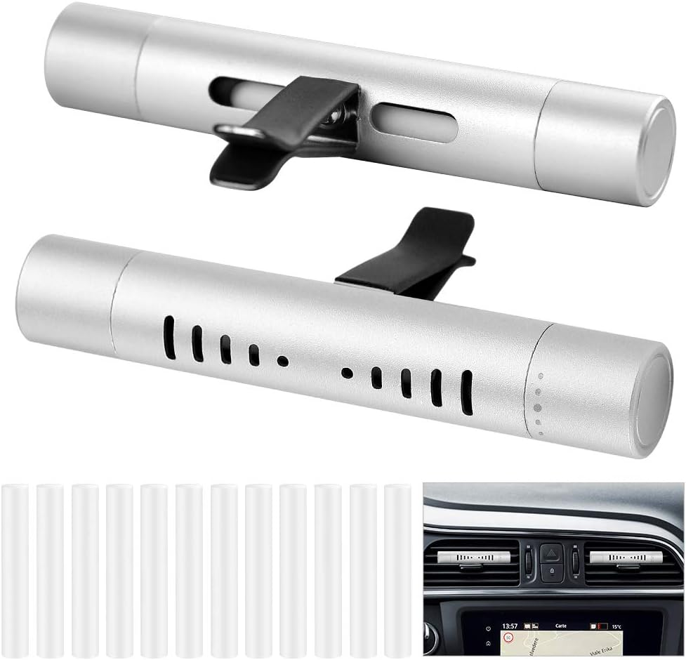 Car Diffuser Vent Clip Cylindrical Essential Oil Car Diffuser Vent Clip Aromatherapy Vehicle Air Vent Clip with 12 Refill Sticks Silver(2 Packs) image number 3