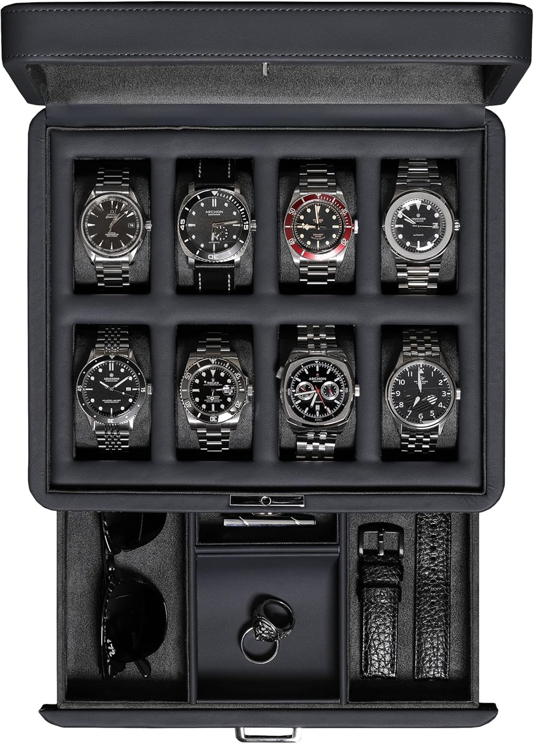 ROTHWELL 8 Slot Leather Watch Box with Valet Drawer - Luxury Watch Case Display Jewelry Organizer, Locking Watch Display Case Holder with Real Glass Top - Watch Box Organizer for Men & Women (Carbon) - 6 Pitches - Black/Red image number 6