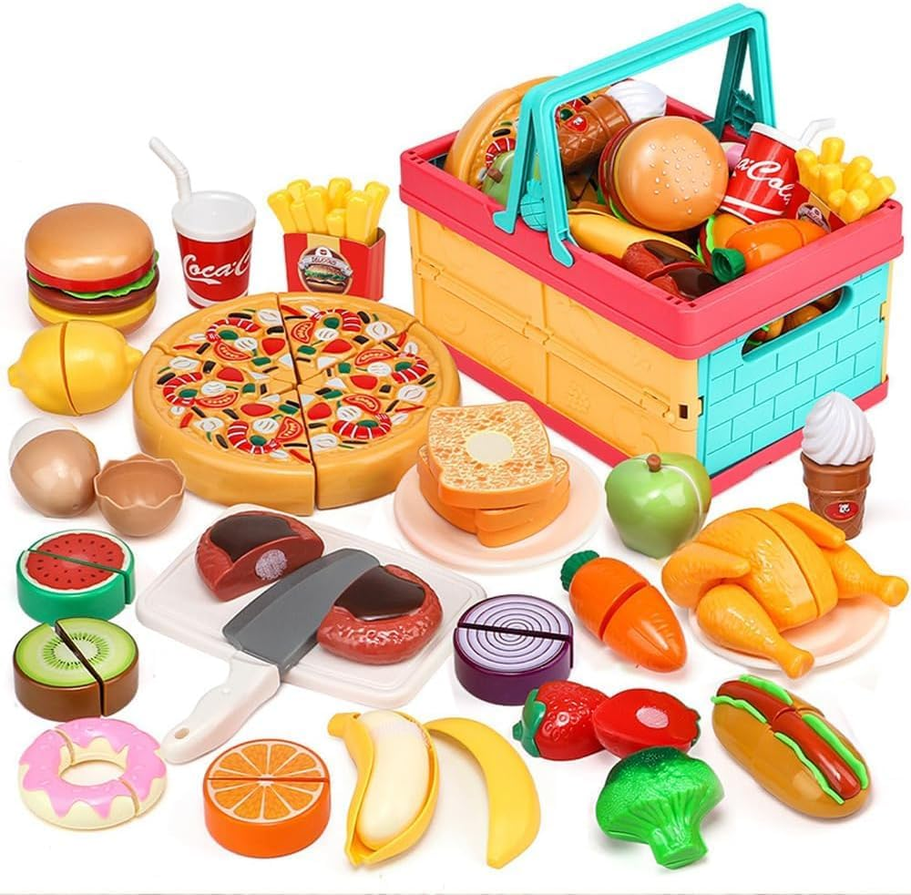 Fohouse Play Food Toy Set for Kids Kitchen - Shopping Basket with Cutting Fruit & Vegetables Accessories, Pretend Food Kitchen Toys Accessories, Pretend Food Toys for Toddlers Boys Girls Gift