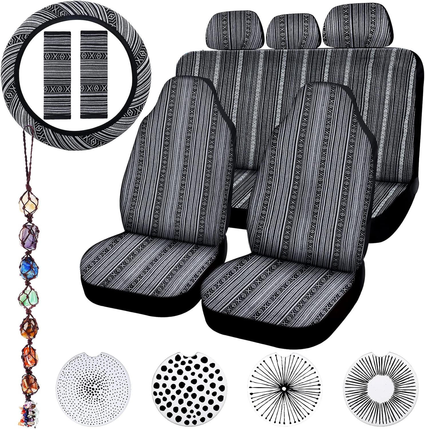 Frienda Baja Saddle Blanket Car Seat Covers Full Set Multicolor Stripe Boho Steering Wheel Cover Seat Belt Pads Crystal Hanging Ornament Automotive Interior Universal Fit Most Cars(Stylish Style)