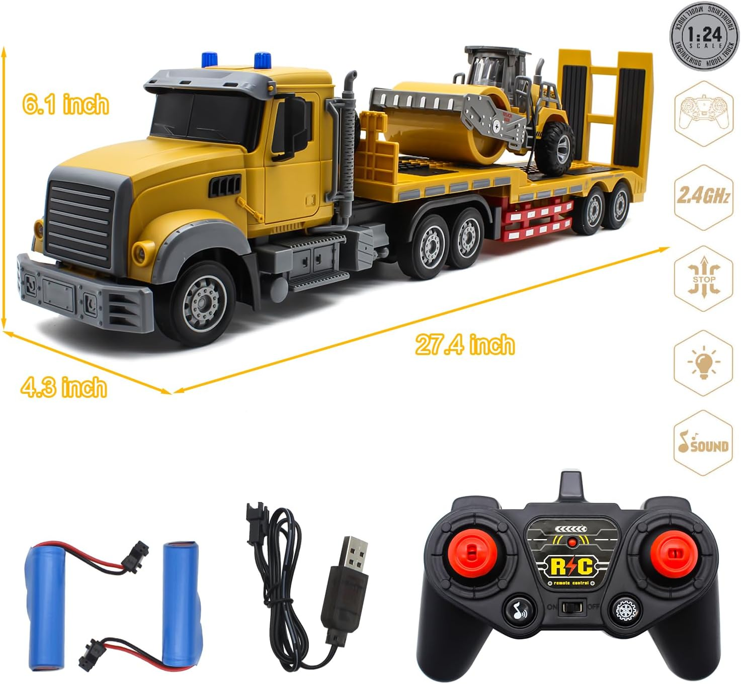 Fistone RC Semi Truck with Trailer, 1:24 RC Semi-Trailer Engineering Tractor with Sound and Lights, 2.4Ghz Remote Control Flatbed Truck with Road Roller Toys, Construction Vehicles Toy for Boys image number 5