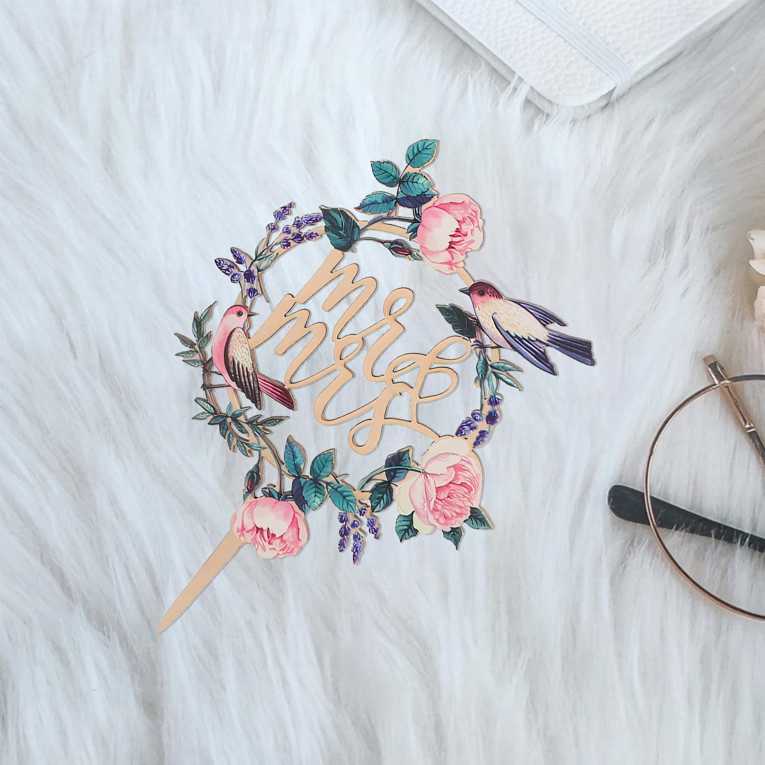 Mr & Mrs Wooden Cake Topper &ndash; Rose & Bird Floral Wedding Cake Decorations &ndash; Rustic Cake Sign for Engagement, Anniversary & Bridal Parties &ndash; 7 Inch Height image number 3