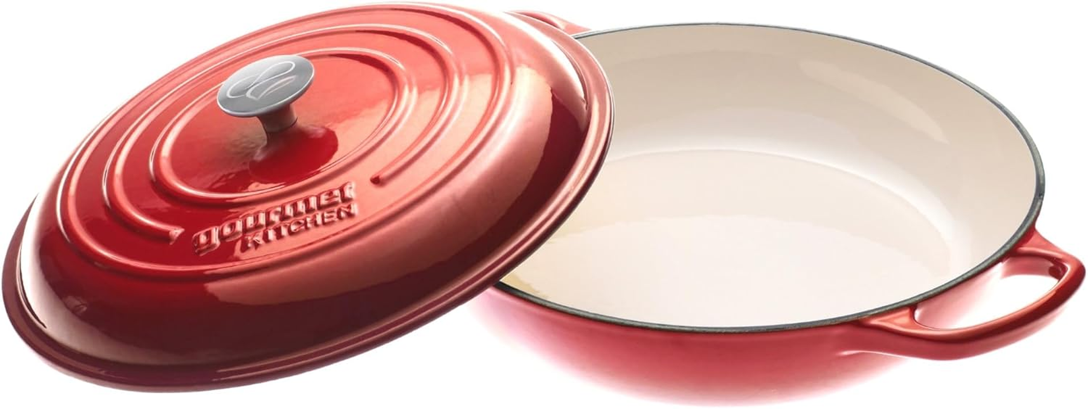 Gourmet Kitchen Cast Iron Shallow Casserole Dish with Lid Heat Resistant Knob Enamel Processing Oven Safe Dutch Oven Cookware High-Quality Non Stick Casserole 30Cm - Black Cherry Red - Eden Green image number 3