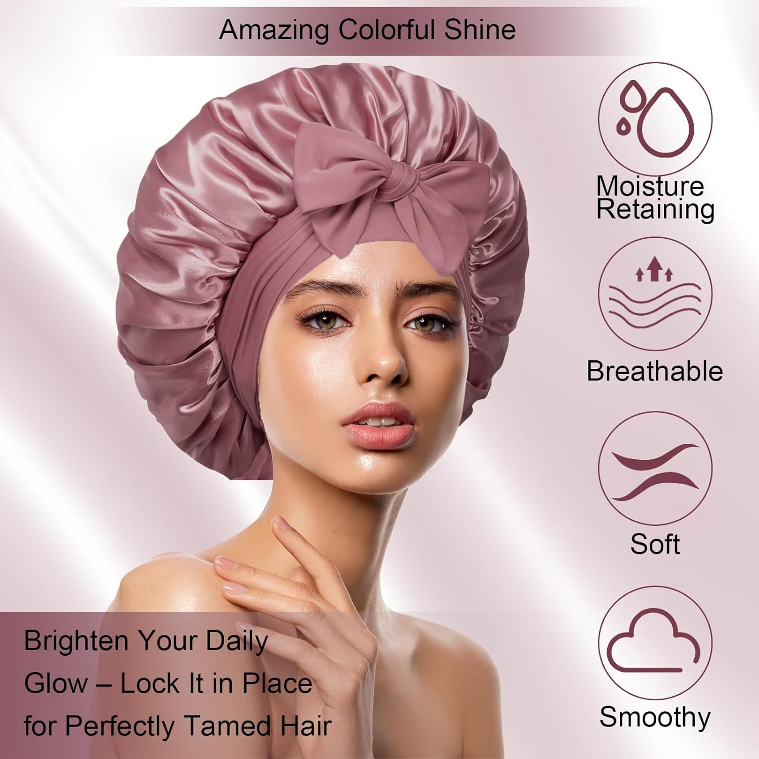 Silky Satin Bonnet for Sleeping,Single Layer Silk Satin Hair Bonnet Women with Tie Band (Bean Paste) image number 2